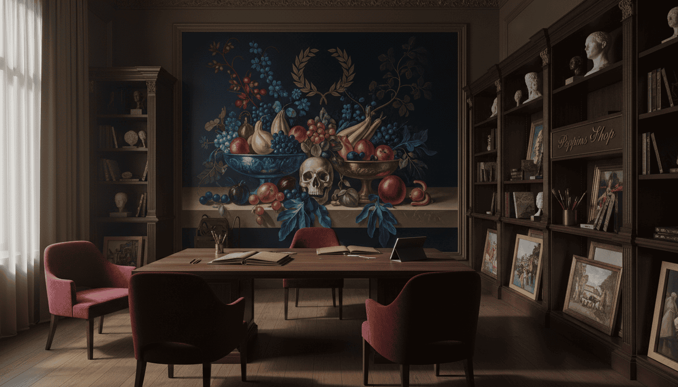 A stylish interior inspired by the Neo-Caravaggism design trend, showcasing a fusion of classical art elements and modern aesthetics. In the foreground, elegantly arranged furniture featuring rich, dark wood and luxurious fabrics. Soft, moody lighting creates deep shadows and highlights, reminiscent of Caravaggio's chiaroscuro style. In the middle ground, a large, detailed mural depicting a contemporary reinterpretation of a classic still life, complete with vibrant colors that pop against the dark background. The background should include ornate shelves displaying curated artworks and art supplies, hinting at the expertise of "Poppins Shop." The setting should feel intimate and inviting, with an overall atmosphere that combines artistic sophistication and warmth, captured with a wide-angle lens to include depth and dimension. A stylish interior inspired by the Neo-Caravaggism design trend, showcasing a fusion of classical art elements and modern aesthetics. In the foreground, elegantly arranged furniture featuring rich, dark wood and luxurious fabrics. Soft, moody lighting creates deep shadows and highlights, reminiscent of Caravaggio's chiaroscuro style. In the middle ground, a large, detailed mural depicting a contemporary reinterpretation of a classic still life, complete with vibrant colors that pop against the dark background. The background should include ornate shelves displaying curated artworks and art supplies, hinting at the expertise of "Poppins Shop." The setting should feel intimate and inviting, with an overall atmosphere that combines artistic sophistication and warmth, captured with a wide-angle lens to include depth and dimension.