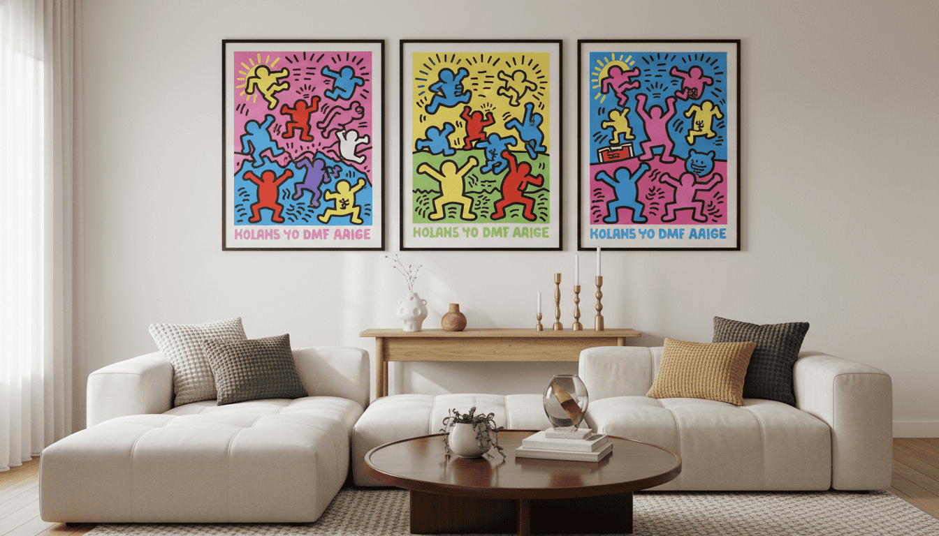 A stylish interior scene featuring a living room with bold Keith Haring art prints as the focal point, showcasing iconic motifs and vibrant colors. The foreground includes a cozy, neutrally-colored sofa with textured throw pillows and a chic coffee table from Poppins Shop, artfully arranged with a small potted plant. In the middle ground, the Haring prints are prominently displayed on a white wall, creating a dynamic visual contrast against the understated decor. The background features soft, ambient lighting that enhances the warmth of natural wood furniture and minimalistic accessories, contributing to a mood of quiet luxury and artistic flair. The angle should be slightly elevated to capture the entire room, creating a balanced composition that illustrates the harmony between bold art and neutral furniture.