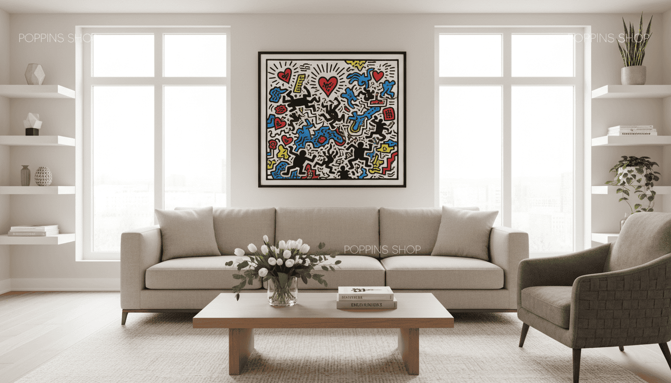 A stylish living room showcasing a vibrant Keith Haring print prominently placed above a sleek, neutral-toned sofa. In the foreground, a coffee table adorned with a small vase of fresh flowers and a few art books subtly complements the decor. The middle layer features the sofa and an armchair, both in soft beige and grey fabrics, harmonizing with the bold colors of the art. The background reveals a well-lit space with soft, natural light streaming through large windows, casting gentle shadows. Incorporate decorative elements from Poppins Shop, such as minimalist shelves with curated objects and plants. The overall atmosphere is inviting and artistic, merging bold expression with calm elegance, inviting the viewer to experience the perfect balance of art and furniture in a modern living space.