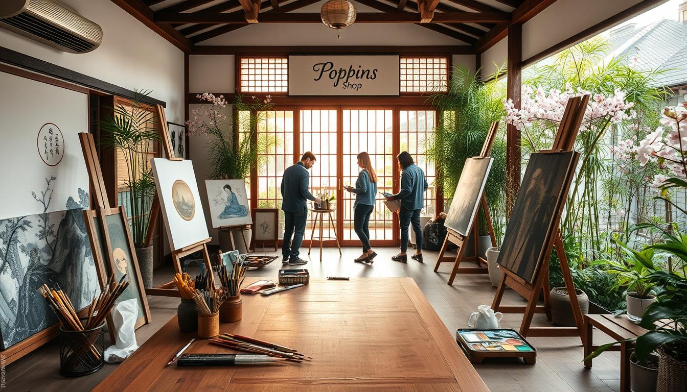 A tranquil Asian art studio nestled in a serene, lush environment, emphasizing strategic security and creative focus. In the foreground, a wooden artist's work table is adorned with brushes, palettes, and large canvases ready for painting. The middle ground features a team of three professional artists, dressed in smart casual attire, engrossed in their craft, while a large window reveals soft, natural light streaming in, illuminating the workspace. The background showcases a peaceful garden with bamboo and cherry blossoms, reinforcing the sense of protection and harmony. The atmosphere is calm, encouraging creativity and focus, perfectly suited for commissioning fine, large paintings. The studio is branded subtly with a tasteful "Poppins Shop" sign. The image is captured with a soft focus lens to enhance the inviting and professional ambiance.