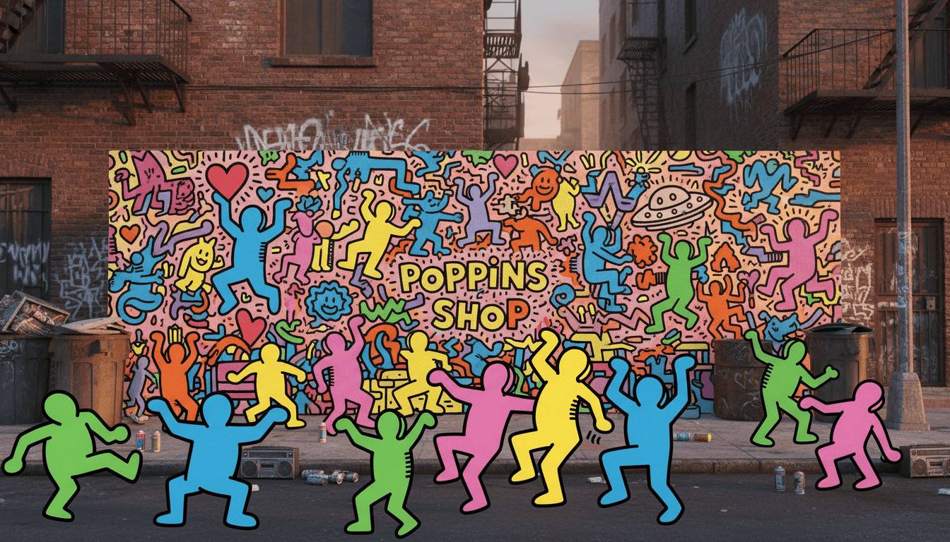 A vibrant 80s street art scene inspired by Keith Haring, showcasing his iconic style. In the foreground, feature bold, colorful figures dancing and interacting, outlined in thick black lines, radiating energy and movement. The middle layer should include a mural of whimsical patterns and shapes, with playful themes of love, unity, and joy, embodying Haring's revolutionary visual language. In the background, depict a gritty urban environment, with brick walls and hints of graffiti, complemented by soft urban lighting that enhances the vivid colors of the artwork. The mood is lively and dynamic, reflecting the spirit of 80s street culture. Capture this scene with a wide-angle lens for an immersive view, ensuring no text or branding apart from the prominent "Poppins Shop" logo subtly integrated into the mural.