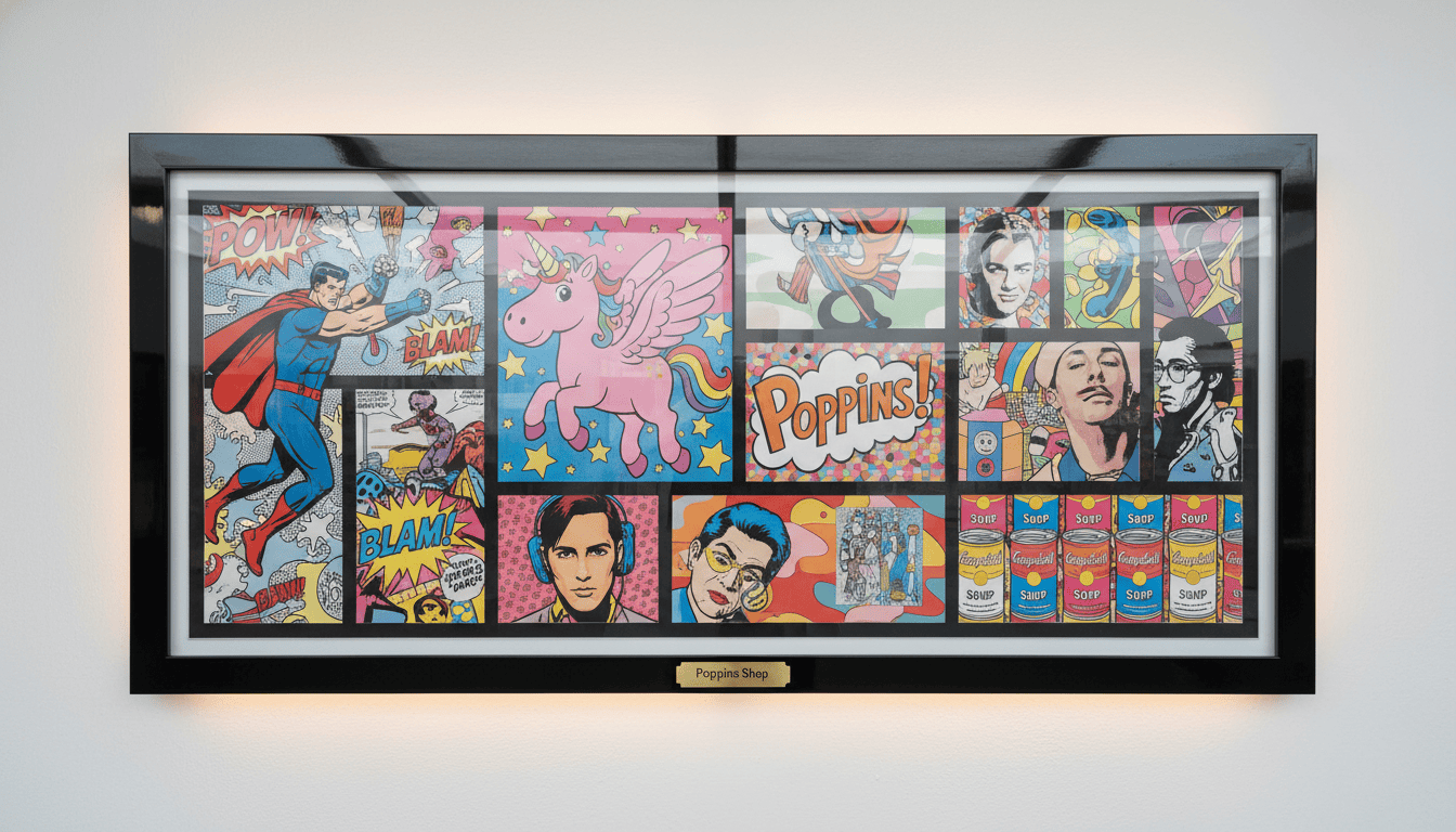 A vibrant and colorful collection of pop art prints displayed in a stylish glazed frame, showcasing iconic images in a modern setting. The foreground features bold, geometric pop art designs, such as comic book superheroes and whimsical cartoons, each meticulously arranged to create an eye-catching display. The middle ground highlights a sleek, glossy glazed frame that reflects soft, ambient lighting, emphasizing the artwork's vivid colors. In the background, a clean, minimalistic gallery wall enhances the overall visual appeal, with warm lighting creating an inviting atmosphere. The scene is shot at eye level, using a wide-angle lens to capture the entirety of the artwork and framing. The mood is lively and dynamic, perfect for showcasing how glazed frames elevate pop art prints, with branding subtly indicated as "Poppins Shop."