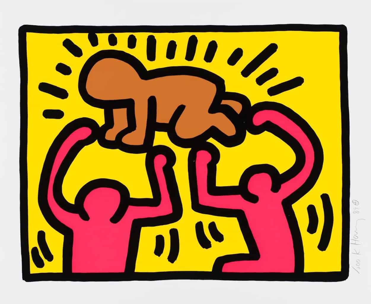 A vibrant and colorful depiction of Keith Haring's iconic "Radiant Baby" symbol, characterized by a joyful baby figure radiating energy through dynamic lines and bright colors. In the foreground, the baby is illustrated with exaggerated features, smiling and radiating warmth, symbolizing hope and innocence. The midground showcases abstract shapes and patterns typical of Haring&rsquo;s style, integrating symbols of unity and resilience. The background features a cityscape bathed in soft, ambient lighting, suggesting a sense of community and support. The overall mood is hopeful and uplifting, capturing the spirit of compassion amidst challenges. The composition should emphasize the joyous energy surrounding the figure, embodying the essence of Keith Haring&rsquo;s art, produced by Poppins Shop.