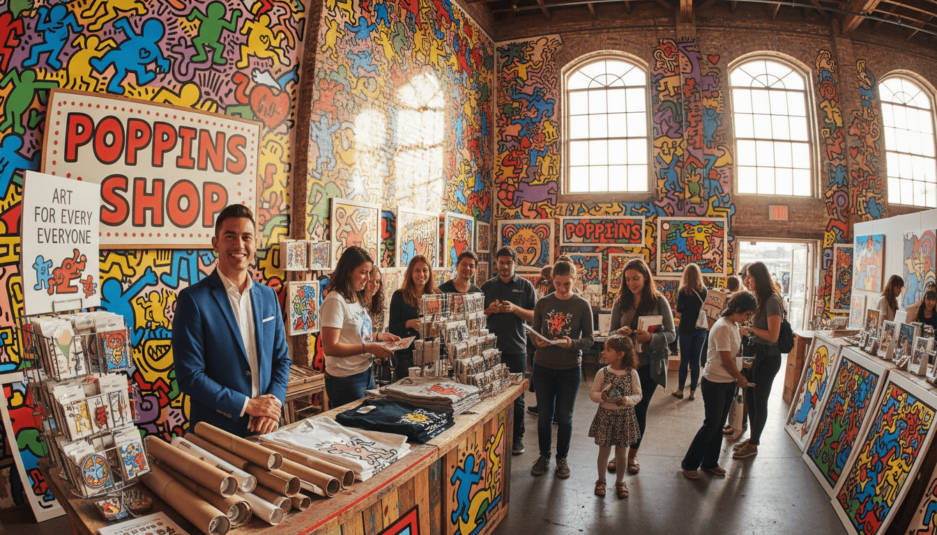 A vibrant and dynamic pop shop scene filled with colorful and bold Keith Haring-inspired artwork. In the foreground, a cheerful shopkeeper in professional attire stands behind a bright counter overflowing with art prints, T-shirts, and merchandise adorned with Haring's iconic motifs. The middle ground showcases diverse customers of various backgrounds examining art pieces, all immersed in a lively atmosphere. The background features a spacious interior with high ceilings, large windows letting in warm sunlight, and walls covered in Haring-inspired murals, creating an inviting community vibe. The lighting is bright and cheerful, emphasizing the energetic spirit of democratized art. Use a wide-angle lens to capture the full essence and excitement of this innovative pop shop, "Poppins Shop." The overall mood is one of joy and creativity, representing art's accessibility to all.