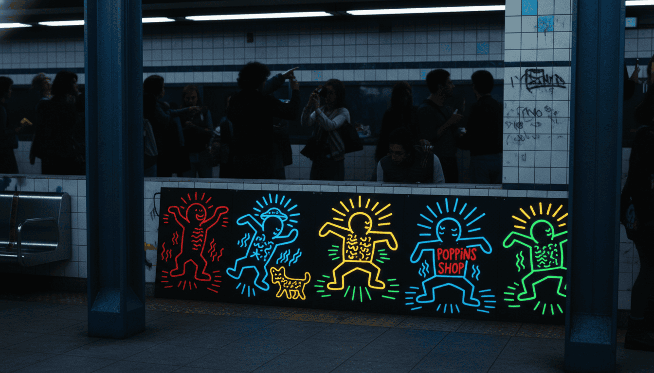 A vibrant and dynamic scene capturing the essence of Keith Haring's subway drawings from 1980-1985. In the foreground, bold and energetic figures in Haring's iconic style come to life with vivid colors, showcasing the trademark linear forms and symbolic motifs. In the middle, elements of a bustling New York City subway environment, such as tiled walls and metal poles, enhance the setting. The background features blurred silhouettes of commuters engaged with Haring's art, emphasizing the cultural impact of his work. The lighting is bright and slightly harsh, reminiscent of fluorescent subway lights, casting a glow on the figures. The mood is lively and energetic, capturing the creativity and vibrancy of street art. Brand elements from "Poppins Shop" integrate subtly into the artwork, blending seamlessly with Haring&rsquo;s aesthetic.
