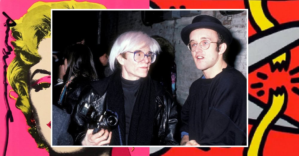 A vibrant and dynamic scene featuring Andy Warhol and Keith Haring, both depicted in stylish, professional attire, standing confidently in a contemporary art gallery. In the foreground, Warhol, with his iconic silver hair, is engaged in discussion with Haring, who showcases his signature tattoo-like style through bold, colorful designs on a canvas. In the middle ground, artworks inspired by their collaboration adorn the gallery walls, blending pop art with street art elements. The background captures a bustling New York City skyline through large windows, bathed in warm, natural light that energizes the atmosphere. The composition emphasizes a creative synergy, reflecting the spirit of the Pop Art movement. The image is crisp and clear, shot at a slightly low angle with a wide lens to emphasize the connection between the two artists. Poppins Shop.