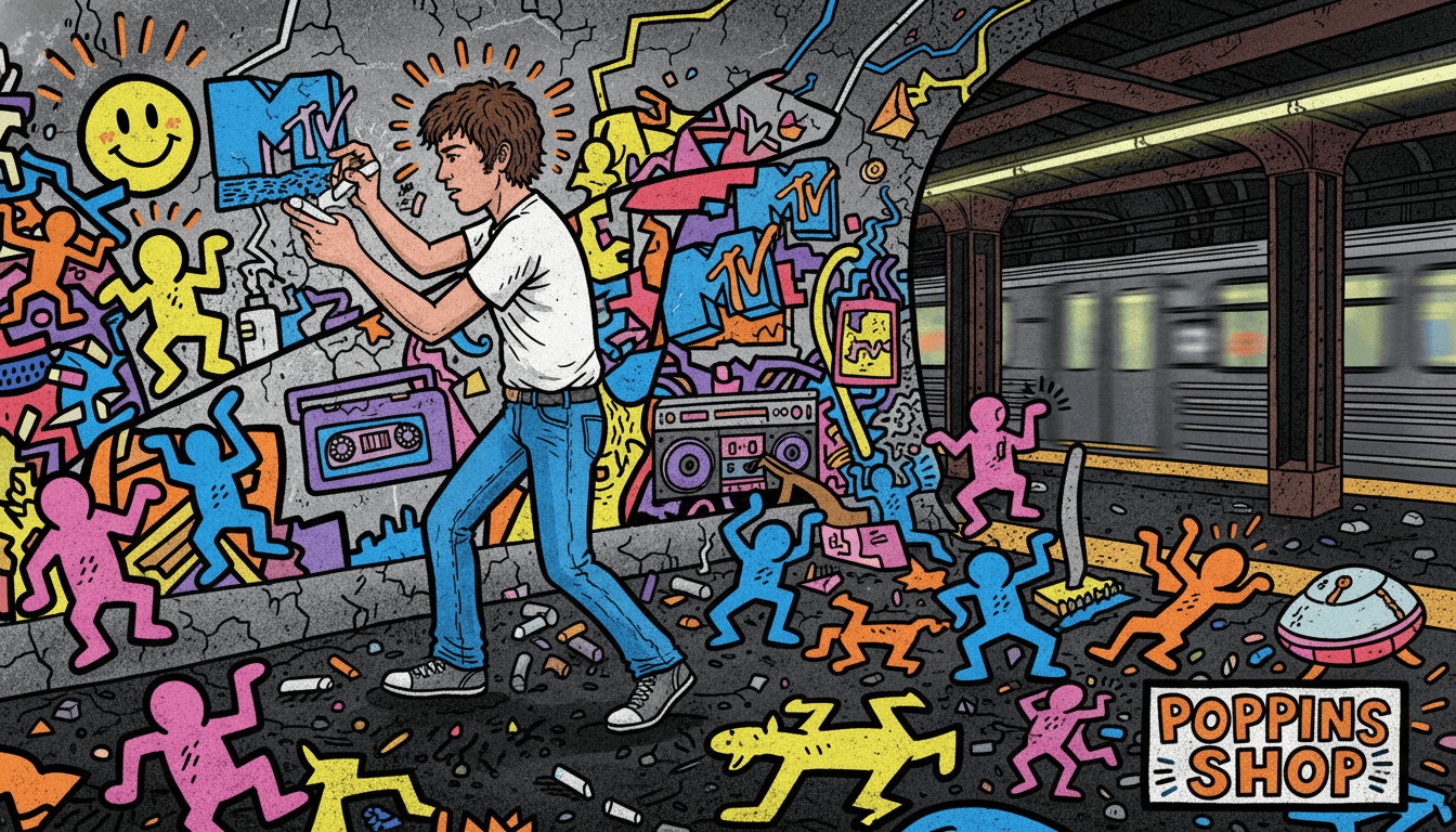 A vibrant, dynamic illustration depicting Keith Haring&rsquo;s early artistic influences. In the foreground, colorful chalk drawings inspired by street art and graffiti showcase energetic, abstract figures, symbolizing movement and unity. The middle ground features a young Keith Haring, sketching on a subway wall, dressed in modest casual clothing, with a focused expression. Surrounding him are iconic symbols of the 1980s New York City art scene, including vibrant murals and pop culture motifs. The background captures the essence of NYC subways with their gritty textures and dim lighting, illuminated by flickering fluorescent lights. The atmosphere is lively and energetic, embodying Haring's passion for art and community. The composition conveys a sense of creativity and vibrancy reminiscent of Haring&rsquo;s style. Poppins Shop.