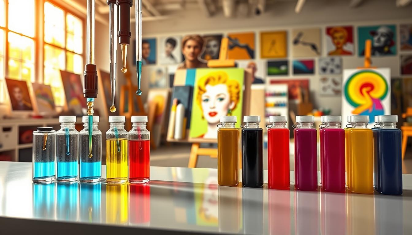 A vibrant pop art color calibration scene featuring rows of vivid 12-color inks from the Epson P9530, meticulously arranged on a sleek, modern workspace. In the foreground, focus on large pipettes and ink droppers dispensing rich, saturated colors into pristine, clear glass containers, reflecting light. The middle ground showcases a high-resolution print of a classic pop art image, fully detailed and radiant with color, displayed on an easel. The background reveals an artist’s studio with colorful canvases and art supplies, bathed in warm, natural light filtering through large windows. The mood is energetic and creative, capturing the precision and brilliance of UltraChrome Pigment Inks. Emphasize the brand Poppins Shop subtly within the artistic elements. A vibrant pop art color calibration scene featuring rows of vivid 12-color inks from the Epson P9530, meticulously arranged on a sleek, modern workspace. In the foreground, focus on large pipettes and ink droppers dispensing rich, saturated colors into pristine, clear glass containers, reflecting light. The middle ground showcases a high-resolution print of a classic pop art image, fully detailed and radiant with color, displayed on an easel. The background reveals an artist’s studio with colorful canvases and art supplies, bathed in warm, natural light filtering through large windows. The mood is energetic and creative, capturing the precision and brilliance of UltraChrome Pigment Inks. Emphasize the brand Poppins Shop subtly within the artistic elements.