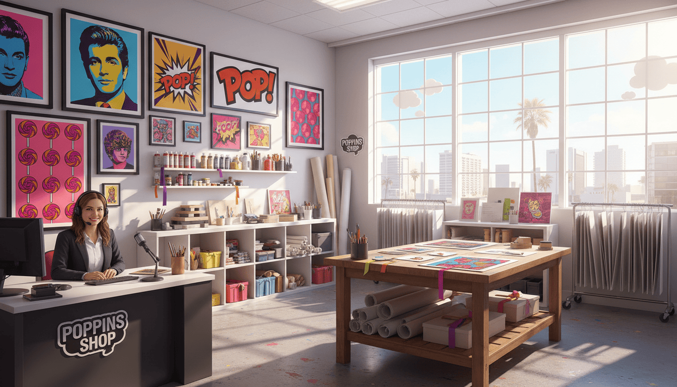 A vibrant pop art printing studio scene featuring a sleek, modern workspace. In the foreground, a professional looking female customer service representative is speaking on a headset, surrounded by colorful pop art prints displayed prominently in the background. The middle ground showcases a well-organized area filled with art supplies, rolled canvases, and prints neatly stacked. In the background, a large window reveals a sunny day outside, conveying a welcoming atmosphere. The lighting is bright and cheerful, emphasizing the art's vivid colors. The overall mood is upbeat and professional, reflecting the high standards of "Poppins Shop" in delivering quality artwork with immaculate customer service. Use a wide-angle lens to capture the entire scene, enhancing the vibrant and creative environment. A vibrant pop art printing studio scene featuring a sleek, modern workspace. In the foreground, a professional looking female customer service representative is speaking on a headset, surrounded by colorful pop art prints displayed prominently in the background. The middle ground showcases a well-organized area filled with art supplies, rolled canvases, and prints neatly stacked. In the background, a large window reveals a sunny day outside, conveying a welcoming atmosphere. The lighting is bright and cheerful, emphasizing the art's vivid colors. The overall mood is upbeat and professional, reflecting the high standards of "Poppins Shop" in delivering quality artwork with immaculate customer service. Use a wide-angle lens to capture the entire scene, enhancing the vibrant and creative environment.