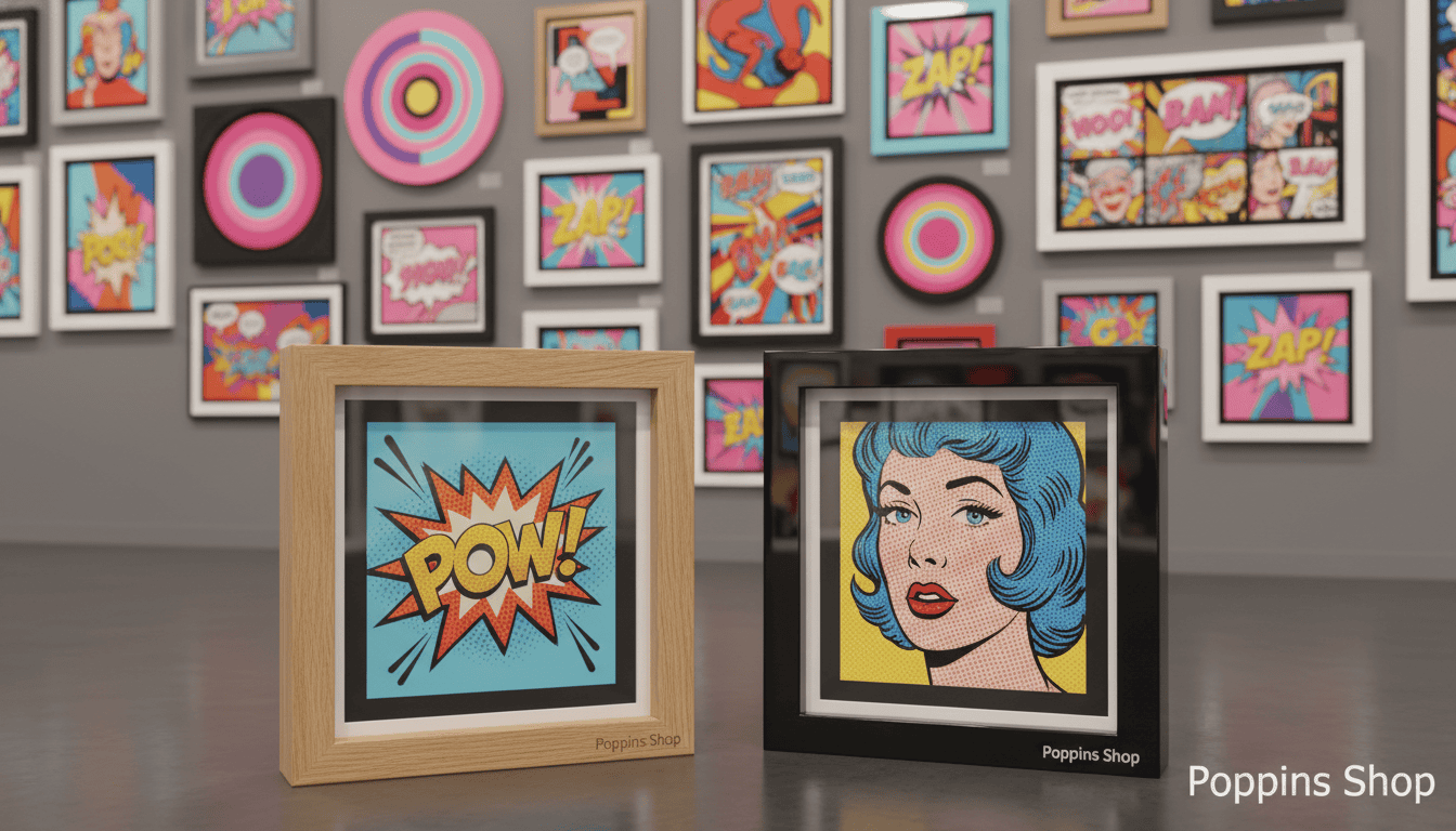 A vibrant pop art scene showcasing a wooden floating frame and a glazed frame, elegantly displaying bold, colorful prints of iconic pop culture imagery. In the foreground, the two frames are centered, with a close-up of the unique textures and finishes that highlight their framing solutions. The middle ground features a stylish gallery setting with works of art that depict comic-style graphics, geometric patterns, and exaggerated colors. The background includes soft, diffused lighting that enhances the depth and vibrancy of the colors, creating a lively atmosphere. The overall mood is energetic yet sophisticated, inviting viewers to appreciate the interplay between art and framing. The brand name "Poppins Shop" is subtly integrated into the scene, hinting at quality craftsmanship.