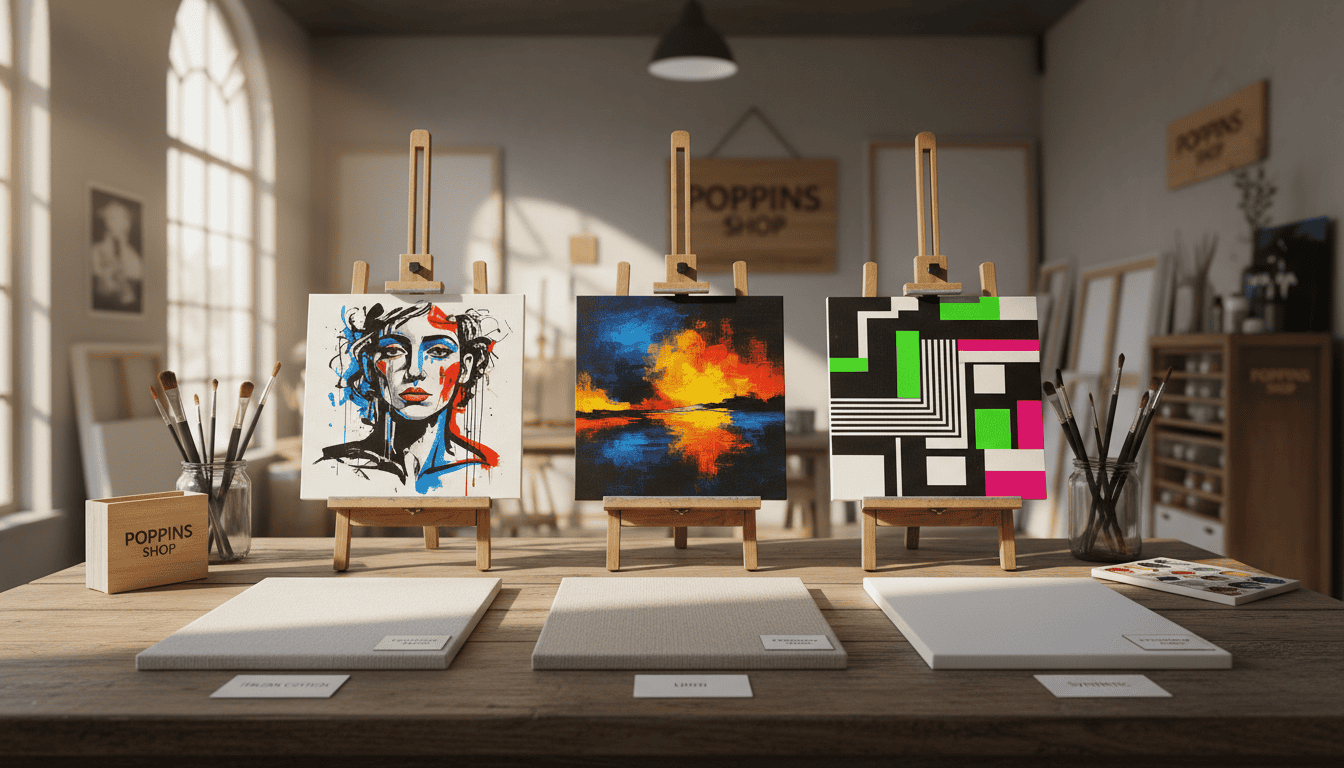 A visually striking comparison of different types of canvas and canvas materials, focusing on their suitability for high-contrast art. In the foreground, showcase swatches of various canvas materials including Italian cotton, linen, and synthetic options, neatly arranged on a wooden table. In the middle ground, display vibrant, high-contrast artworks created on each material, emphasizing color saturation and detail. The background should feature a softly blurred artist's studio, with natural light pouring in through large windows, casting warm highlights and shadows. Use a shallow depth of field to keep the focus on the canvas swatches and artworks, creating a serene and professional atmosphere. Include branded elements subtly reflecting "Poppins Shop" within the studio decor.