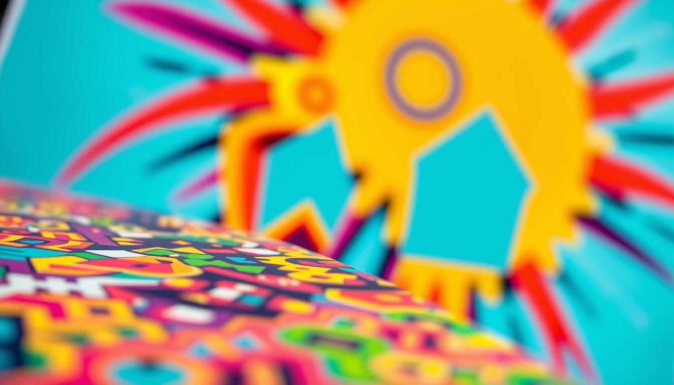 A visually striking pop art print illustrating technical precision, showcasing vibrant colors and intricate patterns. In the foreground, a close-up of a stylized screenprint process with meticulous details, emphasizing the smooth transitions and crisp lines to prevent banding. The middle ground features colorful layers of bold geometric shapes and forms, typical of pop art. The background incorporates abstract representations of high-quality printing technology, subtly blending in with a bright, dynamic color palette. Light plays a crucial role, casting sharp shadows and highlights that enhance dimensionality. Utilize a photographic angle that conveys depth, creating a sense of movement and energy. The mood should be energetic and innovative, reflecting the essence of "Poppins Shop" and the art of precision in printing. A visually striking pop art print illustrating technical precision, showcasing vibrant colors and intricate patterns. In the foreground, a close-up of a stylized screenprint process with meticulous details, emphasizing the smooth transitions and crisp lines to prevent banding. The middle ground features colorful layers of bold geometric shapes and forms, typical of pop art. The background incorporates abstract representations of high-quality printing technology, subtly blending in with a bright, dynamic color palette. Light plays a crucial role, casting sharp shadows and highlights that enhance dimensionality. Utilize a photographic angle that conveys depth, creating a sense of movement and energy. The mood should be energetic and innovative, reflecting the essence of "Poppins Shop" and the art of precision in printing.