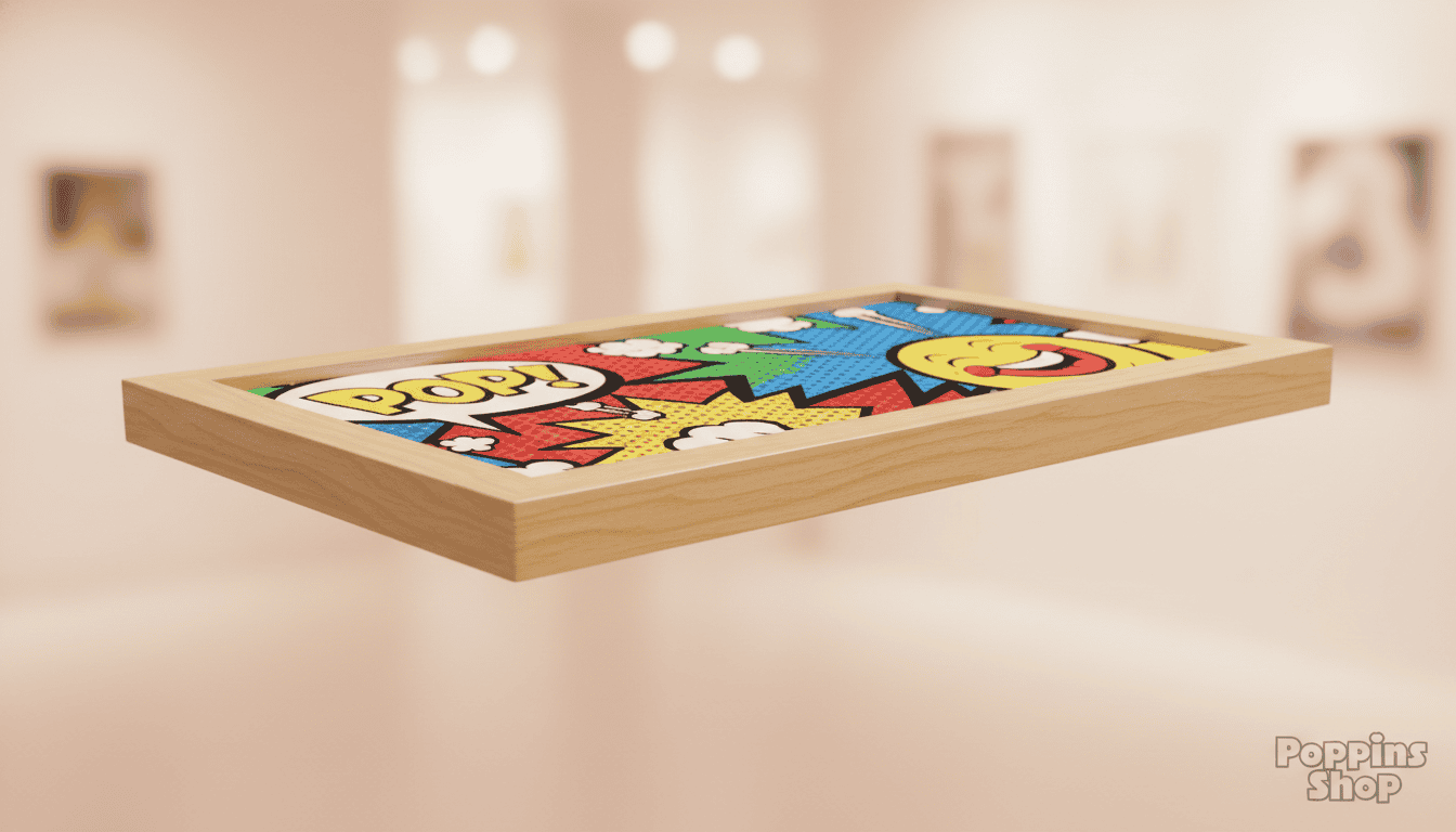 A visually striking pop art scene showcasing a wooden floating frame elegantly displaying a vibrant, retro-style pop art print, with bright colors and bold lines. In the foreground, the frame is detailed with a smooth, polished finish, highlighting its craftsmanship. In the middle ground, the pop art print features iconic, stylized imagery, exuding a playful ambience. The background is minimalistic and softly blurred to emphasize the frame and artwork, with warm, diffuse lighting that adds depth and a welcoming atmosphere. The entire composition should evoke a sense of modernity and creativity, emphasizing the engineering brilliance behind floating frame aesthetics, bringing the characteristics of "Poppins Shop" into focus, without any distractions or overlays.