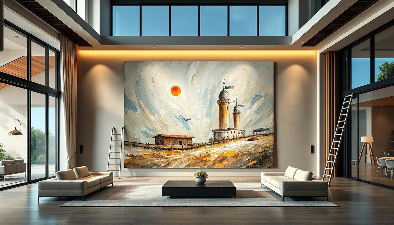 A wide-angle interior shot of a modern luxury villa featuring a 16-foot custom oil painting on a double-height wall, museum lighting highlighting the thick impasto texture, artisan ladders in the background, hyper-realistic, 8k resolution.