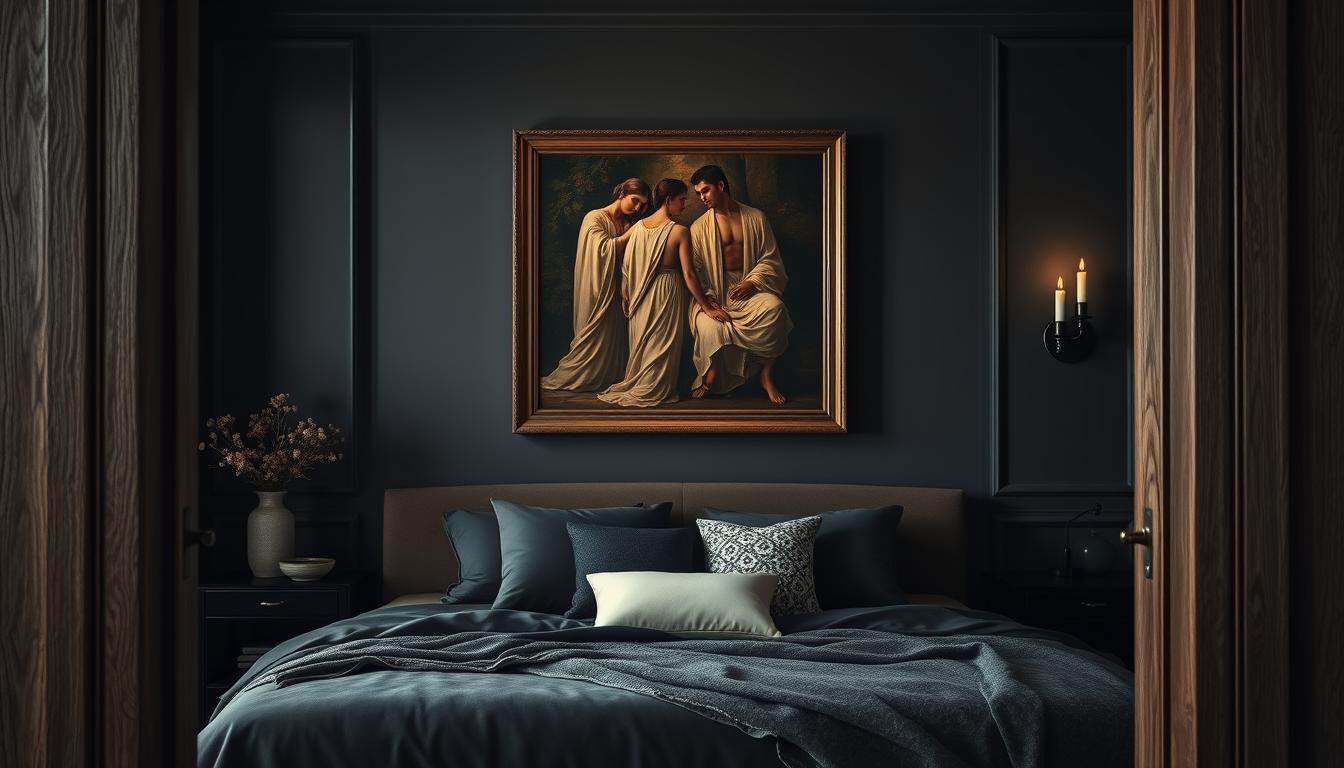 An elegant art print inspired by Roberto Ferri&rsquo;s style, showcasing a moody bedroom interior. In the foreground, a richly textured wooden frame surrounds a captivating oil painting that features ethereal figures in soft, flowing robes, illuminated by warm candlelight. The middle ground reveals a plush, inviting bed with deep, saturated colors, adorned with velvet pillows and a cozy throw. In the background, dark, muted walls complement the artwork, and soft, diffused lighting casts gentle shadows, creating an intimate atmosphere. The painting reflects sensuality and mystery, inviting contemplation. The scene is shot from a slightly elevated angle, using a soft focus lens to enhance the dreamlike quality. Ideal for a private space, this composition embodies the essence of tranquility and allure. Poppins Shop.
