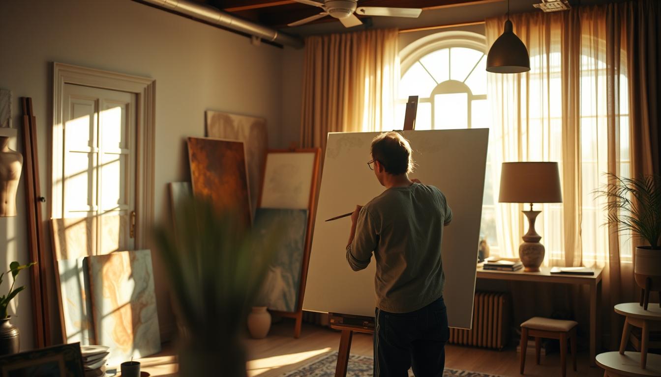 An expert oil painter in a sunlit studio working on a massive, bespoke canvas for a high-end interior design project, cinematic lighting, 8k resolution, artistic atmosphere.
