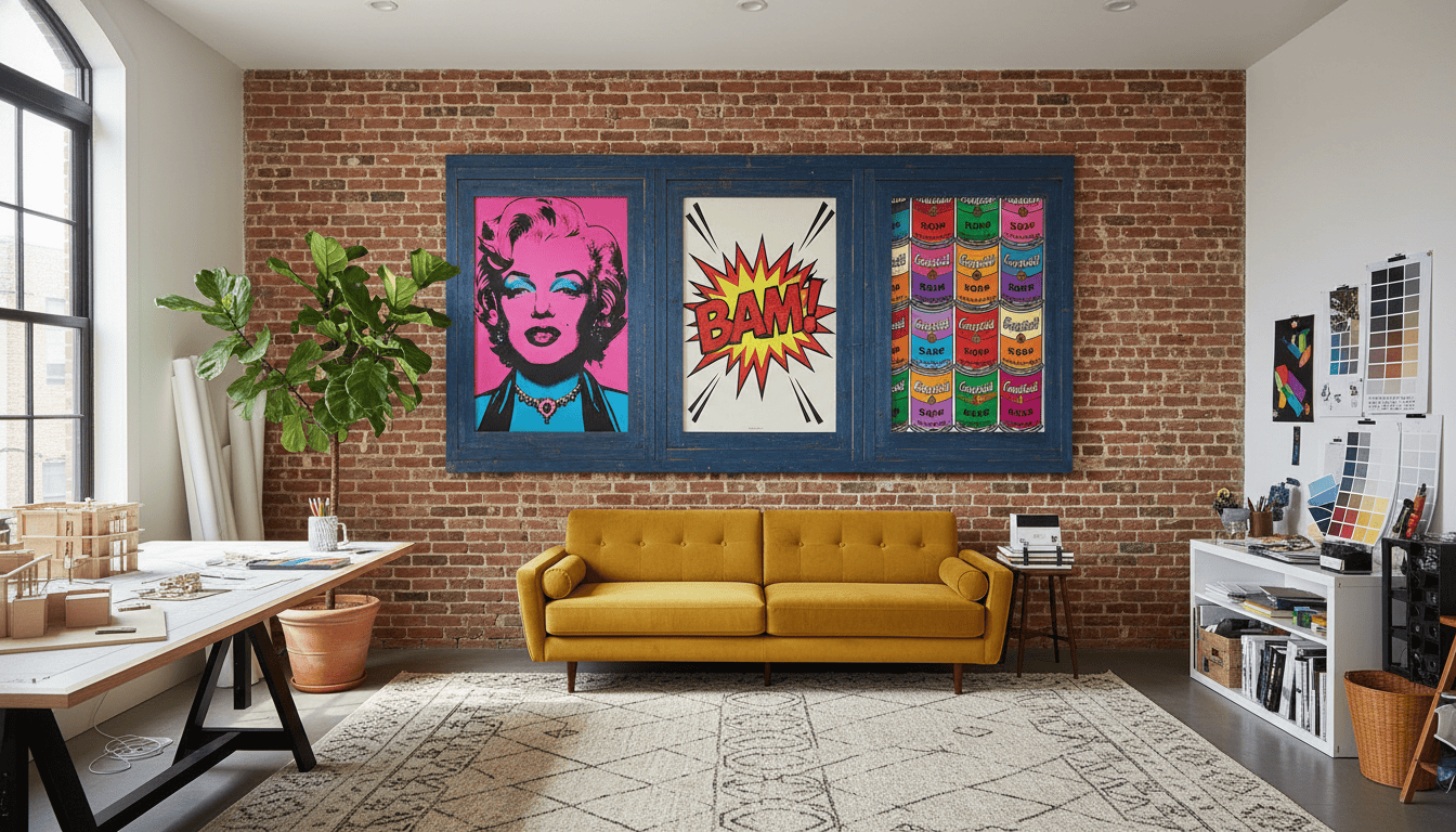 An interior designer's studio showing a custom-built, oversized triptych frame for a vibrant pop art series on a gallery wall, soft natural lighting, professional architectural photography style.