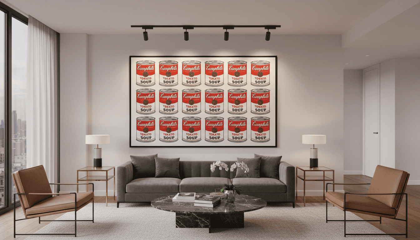 An interior shot of a modern, luxury living room featuring a large, vibrant Andy Warhol canvas reproduction of a soup can on the main wall, professional gallery lighting. An interior shot of a modern, luxury living room featuring a large, vibrant Andy Warhol canvas reproduction of a soup can on the main wall, professional gallery lighting.