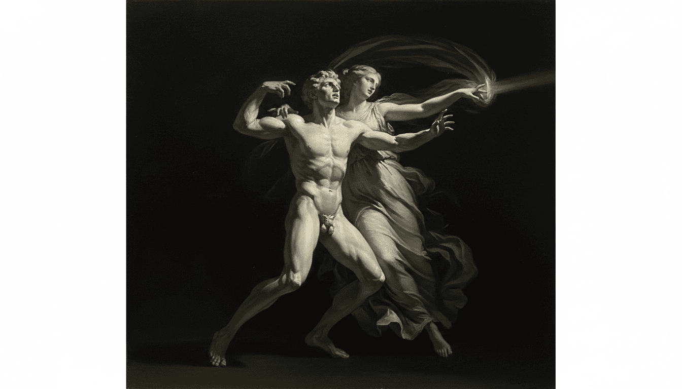 Artistic reproduction of a Roberto Ferri style painting, neoclassical subjects with modern intensity, single source directional lighting, extreme chiaroscuro, deep black backgrounds, ethereal skin tones.
