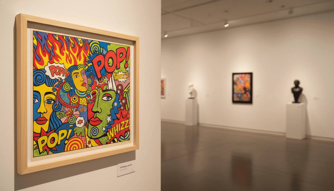 Bold pop art print showcasing vivid colors and striking designs, centered in a contemporary wooden floating frame with a smooth finish. In the foreground, vibrant pop art elements burst with energetic graphics and dynamic shapes, invoking a sense of excitement. The middle layer features the elegant wooden frame, highlighting the contrast between the bold artwork and its natural texture. In the background, a soft-focus gallery setting with warm ambient lighting enhances the atmosphere, creating a inviting and sophisticated space for art appreciation. The lighting should emphasize the artwork's colors, creating a glow that draws the eye. The overall mood is artistic and modern, reflecting the elegance of "Poppins Shop."