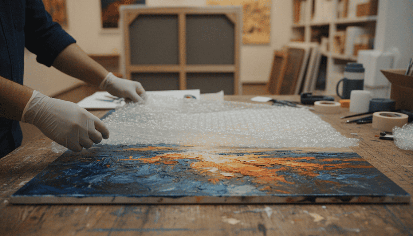 Cinematic, close-up shot of artisan hands carefully layering glassine paper and bubble wrap over a vibrant oil painting on a wooden table, soft studio lighting, professional art gallery packaging environment, 8k resolution.