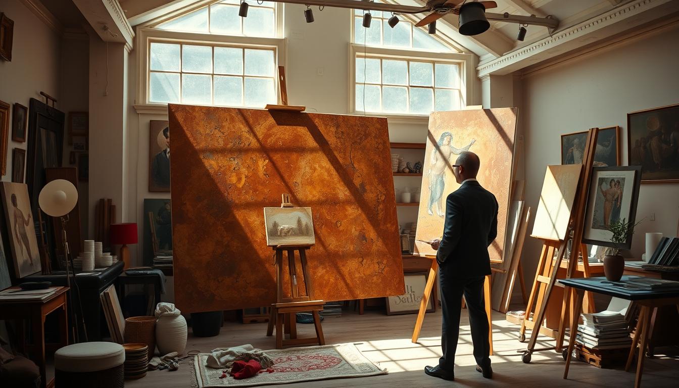 Cinematic wide shot of a professional sunlit art studio, an artist painting a massive 10-foot oil canvas with rich textures, classical atelier setting, 8k resolution, highly detailed.