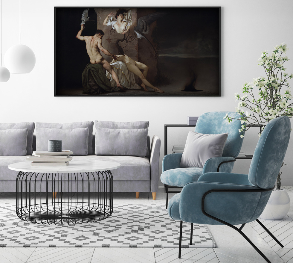 Classical realism artwork set in a dark academia space of Roberto Ferri creation