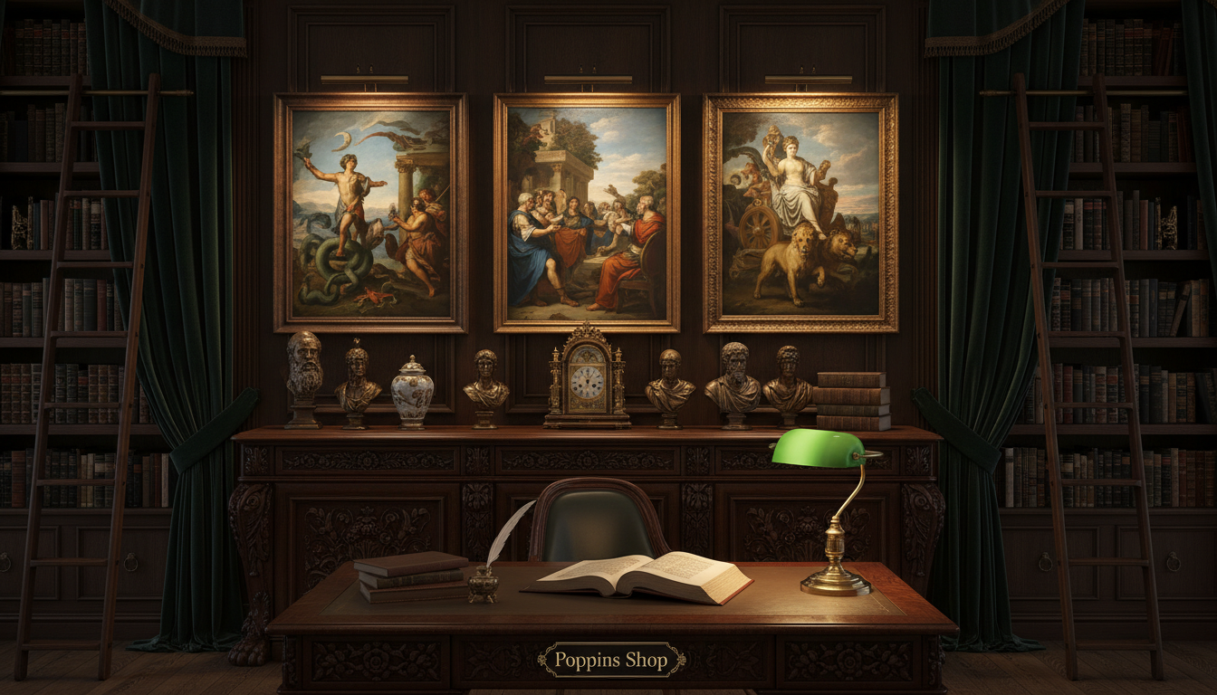 Classical wall art featuring rich, detailed depictions of mythological scenes and historical figures hangs above exquisite mahogany furniture in a dimly lit dark academia room. The furniture, with intricate carvings and a polished finish, contrasts beautifully with the aged, dark-stained wooden accents throughout the space. In the foreground, an ornate wooden desk holds an open antique book and a vintage brass lamp casting a warm glow. The middle ground showcases the wall art framed in dark wood, illuminated by soft, diffused lighting to enhance the textures and colors of the paintings. In the background, dark green velvet curtains and a tall bookshelf filled with leather-bound volumes accentuate the scholarly atmosphere. Overall, the scene conveys a blend of elegance and intellectual charm, reflective of classical aesthetics. Poppins Shop.