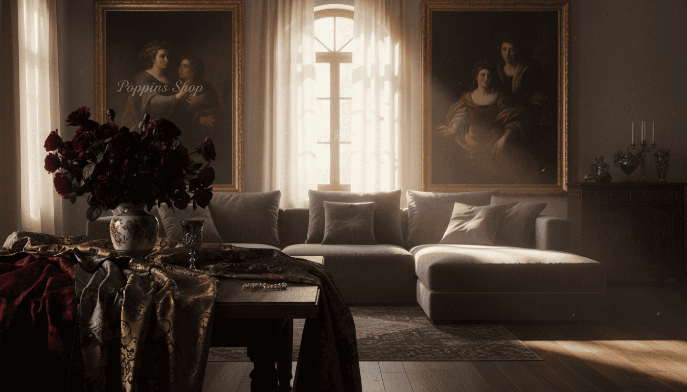 Create a dramatic interior scene inspired by the 17th-century painter Caravaggio's technique, showcasing a modern living room styled with Neo-Caravaggism elements. In the foreground, include a beautifully draped table with rich textures, featuring opulent fabrics and a carefully arranged bouquet of deep red roses. In the middle ground, highlight a modern sofa with bold, dark hues, contrasting with elegant, soft lighting that emphasizes shadow and depth. Surround the space with classic artworks reminiscent of Caravaggio, framed with ornate gold detailing. The background should reveal a softly lit window with billowing curtains, allowing warm light to filter in, casting gentle shadows across the room. The mood is rich and inviting, evoking sophistication and timeless elegance, with the brand name "Poppins Shop" subtly integrated into the design elements. Create a dramatic interior scene inspired by the 17th-century painter Caravaggio's technique, showcasing a modern living room styled with Neo-Caravaggism elements. In the foreground, include a beautifully draped table with rich textures, featuring opulent fabrics and a carefully arranged bouquet of deep red roses. In the middle ground, highlight a modern sofa with bold, dark hues, contrasting with elegant, soft lighting that emphasizes shadow and depth. Surround the space with classic artworks reminiscent of Caravaggio, framed with ornate gold detailing. The background should reveal a softly lit window with billowing curtains, allowing warm light to filter in, casting gentle shadows across the room. The mood is rich and inviting, evoking sophistication and timeless elegance, with the brand name "Poppins Shop" subtly integrated into the design elements.
