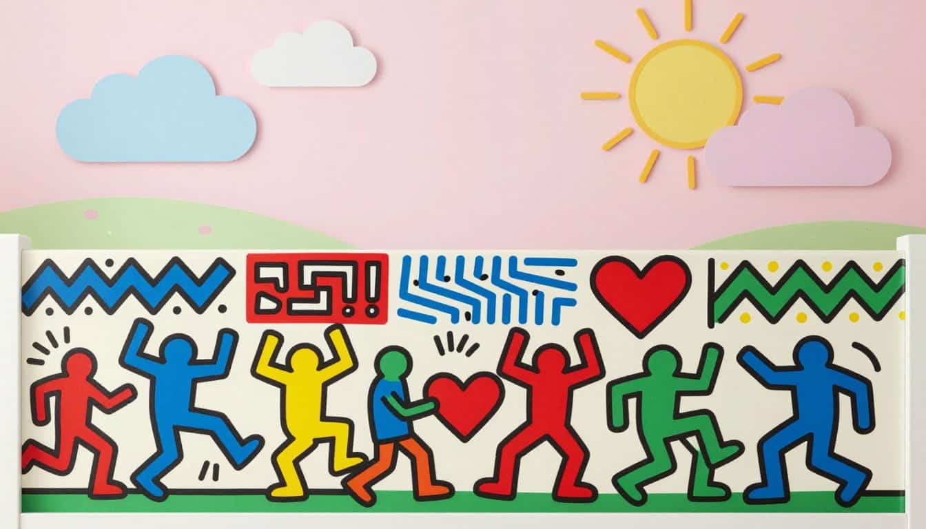 Create a vibrant and playful pop art scene inspired by Keith Haring, perfect for nursery decor. In the foreground, feature whimsical figures with bold outlines and bright colors, dancing and interacting in joyful poses. The middle layer should include abstract shapes and iconic Haring patterns, such as zigzags and hearts, filled with primary colors like red, blue, yellow, and green. In the background, depict a soft, dreamy landscape with pastel clouds and a sun radiating warmth, enhancing the playful atmosphere. Use soft, diffused lighting to create a cheerful and inviting mood. The composition should feel dynamic yet harmonious, offering a sense of movement that captivates children's attention. Include branding elements subtly tied to "Poppins Shop" without dominant text.