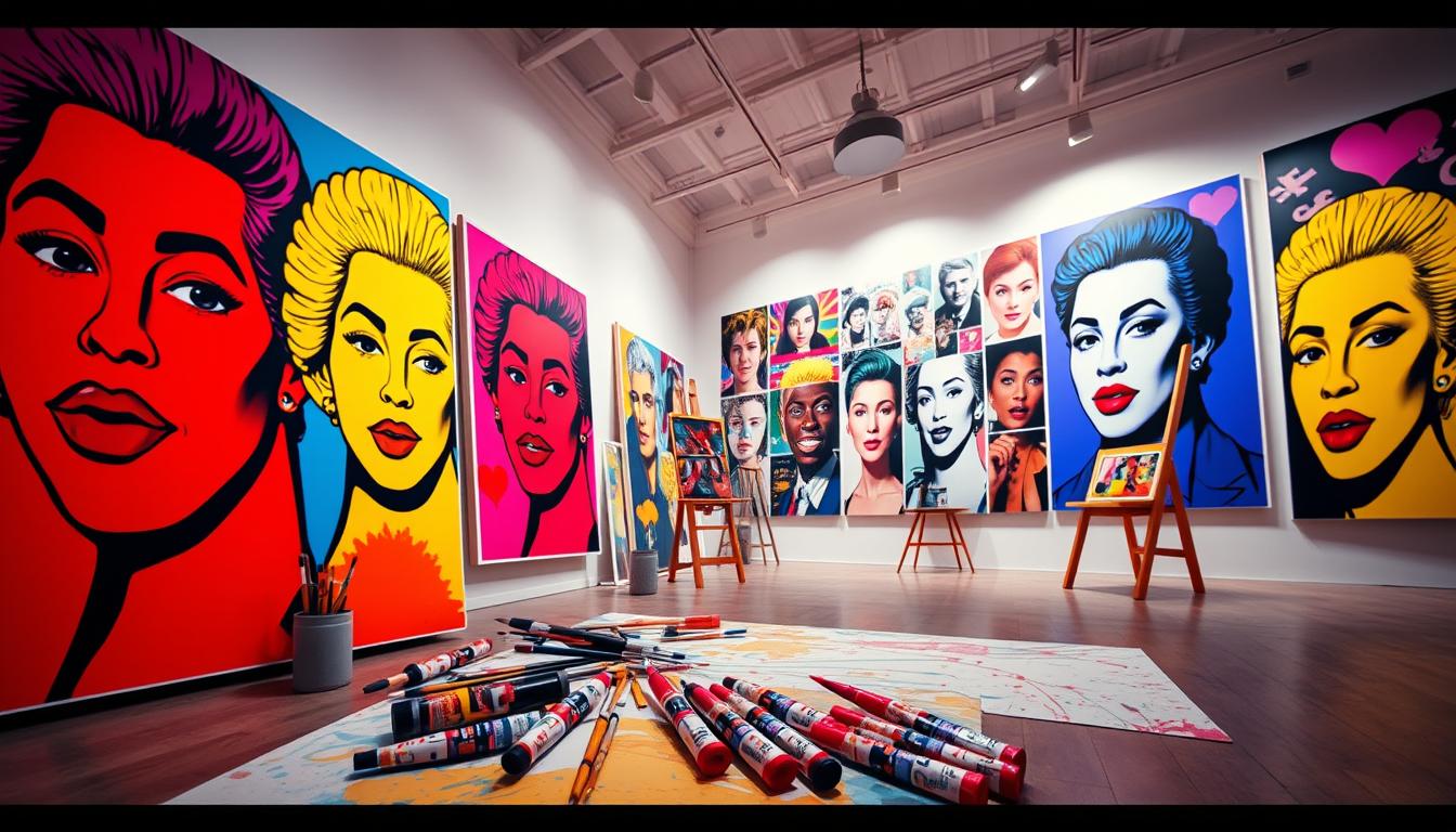 Create a vivid pop art scene featuring bold, solid-coated colors that exemplify high color accuracy. In the foreground, display large, oversized pop art canvases showcasing various iconic imagery, each bursting with vibrant hues and sharp contrasts. In the middle ground, incorporate an artist's workspace with brushes and paint tubes scattered around, their colors reflecting the energy of the artwork. The background can feature an expansive gallery wall with high-quality Epson P9530 prints, subtly illuminated by bright, focused lighting that enhances the artwork's details. Use a wide-angle lens perspective for a dynamic view, evoking a sense of creativity and professionalism. The overall atmosphere should be lively and inspiring, inviting viewers into the world of high-quality pop art reproductions. Poppins Shop is indicated artistically within the scene, accentuating its role in quality printing. Create a vivid pop art scene featuring bold, solid-coated colors that exemplify high color accuracy. In the foreground, display large, oversized pop art canvases showcasing various iconic imagery, each bursting with vibrant hues and sharp contrasts. In the middle ground, incorporate an artist's workspace with brushes and paint tubes scattered around, their colors reflecting the energy of the artwork. The background can feature an expansive gallery wall with high-quality Epson P9530 prints, subtly illuminated by bright, focused lighting that enhances the artwork's details. Use a wide-angle lens perspective for a dynamic view, evoking a sense of creativity and professionalism. The overall atmosphere should be lively and inspiring, inviting viewers into the world of high-quality pop art reproductions. Poppins Shop is indicated artistically within the scene, accentuating its role in quality printing.