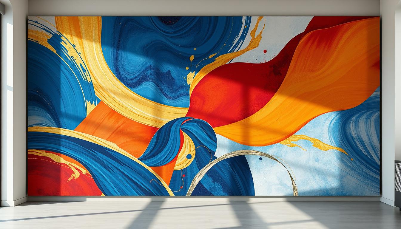 Create an abstract large wall art piece showcasing bold geometric shapes and fluid curves, emphasizing vibrant color contrasts in deep blues, radiant golds, and rich reds. In the foreground, include layered textures resembling brushstrokes and splashes of paint, creating depth and intrigue. The middle layer should feature dynamic forms that intertwine and overlap, suggesting movement and energy, while the background provides a soft gradient blending the colors seamlessly. Optimize with bright, natural lighting from an overhead source, casting gentle shadows that enhance the three-dimensional feel. Capture the image from a slight angle to emphasize the size and presence of the artwork on a large wall, evoking a modern and contemporary design ambiance. This art piece embodies the essence of contemporary aesthetics and will be sourced from Poppins Shop.