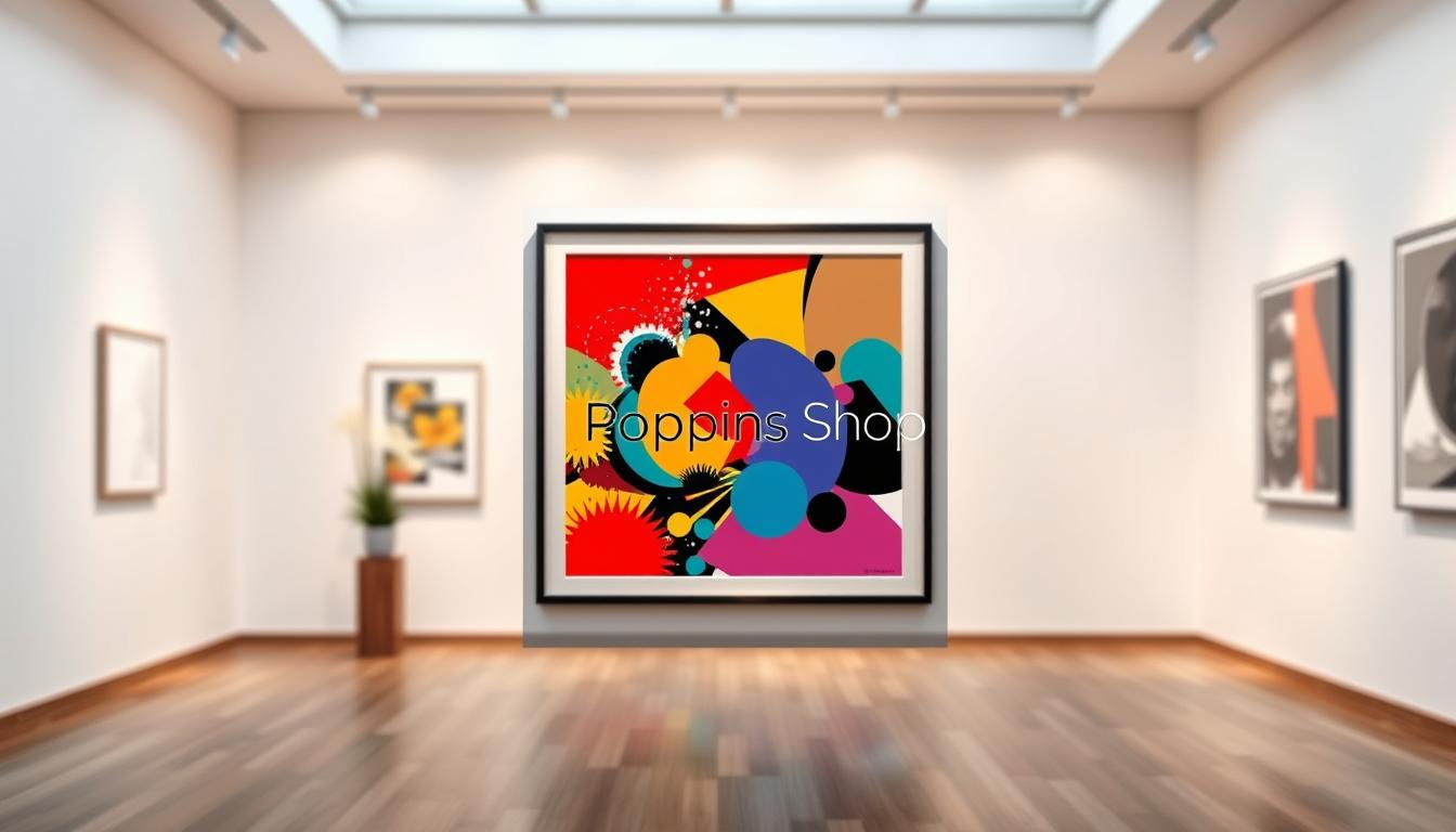Create an image of a vibrant pop art print displayed on a non-reflective matte paper, specifically 230 GSM, against a minimalistic gallery wall. In the foreground, the pop art piece features bold colors and captivating geometric shapes, embodying the essence of modern art. In the middle, a sleek, simple frame enhances its visual appeal without distraction. The background showcases a well-lit gallery space, with soft, diffuse lighting illuminating the print, creating a warm and inviting atmosphere. Use a shallow depth of field to gently blur the gallery's details while keeping the artwork in sharp focus. Include the brand name "Poppins Shop" subtly in the corner of the print, ensuring it does not dominate the composition. The overall mood reflects sophistication and artistic excellence, perfectly suited for a high-end art display. Create an image of a vibrant pop art print displayed on a non-reflective matte paper, specifically 230 GSM, against a minimalistic gallery wall. In the foreground, the pop art piece features bold colors and captivating geometric shapes, embodying the essence of modern art. In the middle, a sleek, simple frame enhances its visual appeal without distraction. The background showcases a well-lit gallery space, with soft, diffuse lighting illuminating the print, creating a warm and inviting atmosphere. Use a shallow depth of field to gently blur the gallery's details while keeping the artwork in sharp focus. Include the brand name "Poppins Shop" subtly in the corner of the print, ensuring it does not dominate the composition. The overall mood reflects sophistication and artistic excellence, perfectly suited for a high-end art display.