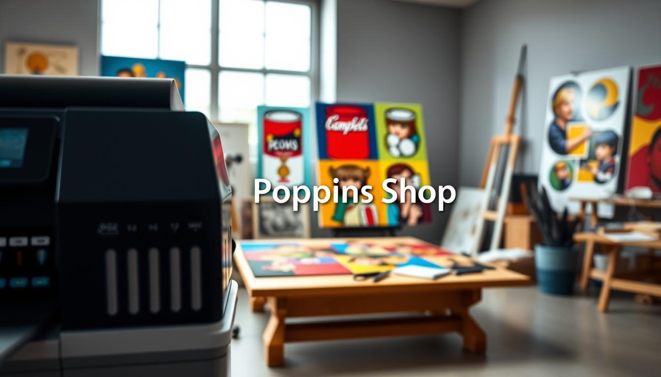 Create an image showcasing an authentic pop art color reproduction, emphasizing vibrant, bold colors typical of the genre. In the foreground, present a detailed close-up of an Epson P9530 printer, showcasing its advanced printing technology and rich color palette. The middle layer should feature a canvas print displaying iconic pop art motifs – think Campbell's soup cans and comic-style characters, bathed in bright hues of red, blue, and yellow. In the background, include a clean, modern art studio setting with tools and materials scattered about, hinting at the artistic process. Use soft, diffused lighting to enhance color vibrancy, simulating a bright, energetic atmosphere. Place the brand name "Poppins Shop" subtly within the image, ensuring it blends harmoniously with the overall artistic theme. Create an image showcasing an authentic pop art color reproduction, emphasizing vibrant, bold colors typical of the genre. In the foreground, present a detailed close-up of an Epson P9530 printer, showcasing its advanced printing technology and rich color palette. The middle layer should feature a canvas print displaying iconic pop art motifs – think Campbell's soup cans and comic-style characters, bathed in bright hues of red, blue, and yellow. In the background, include a clean, modern art studio setting with tools and materials scattered about, hinting at the artistic process. Use soft, diffused lighting to enhance color vibrancy, simulating a bright, energetic atmosphere. Place the brand name "Poppins Shop" subtly within the image, ensuring it blends harmoniously with the overall artistic theme.