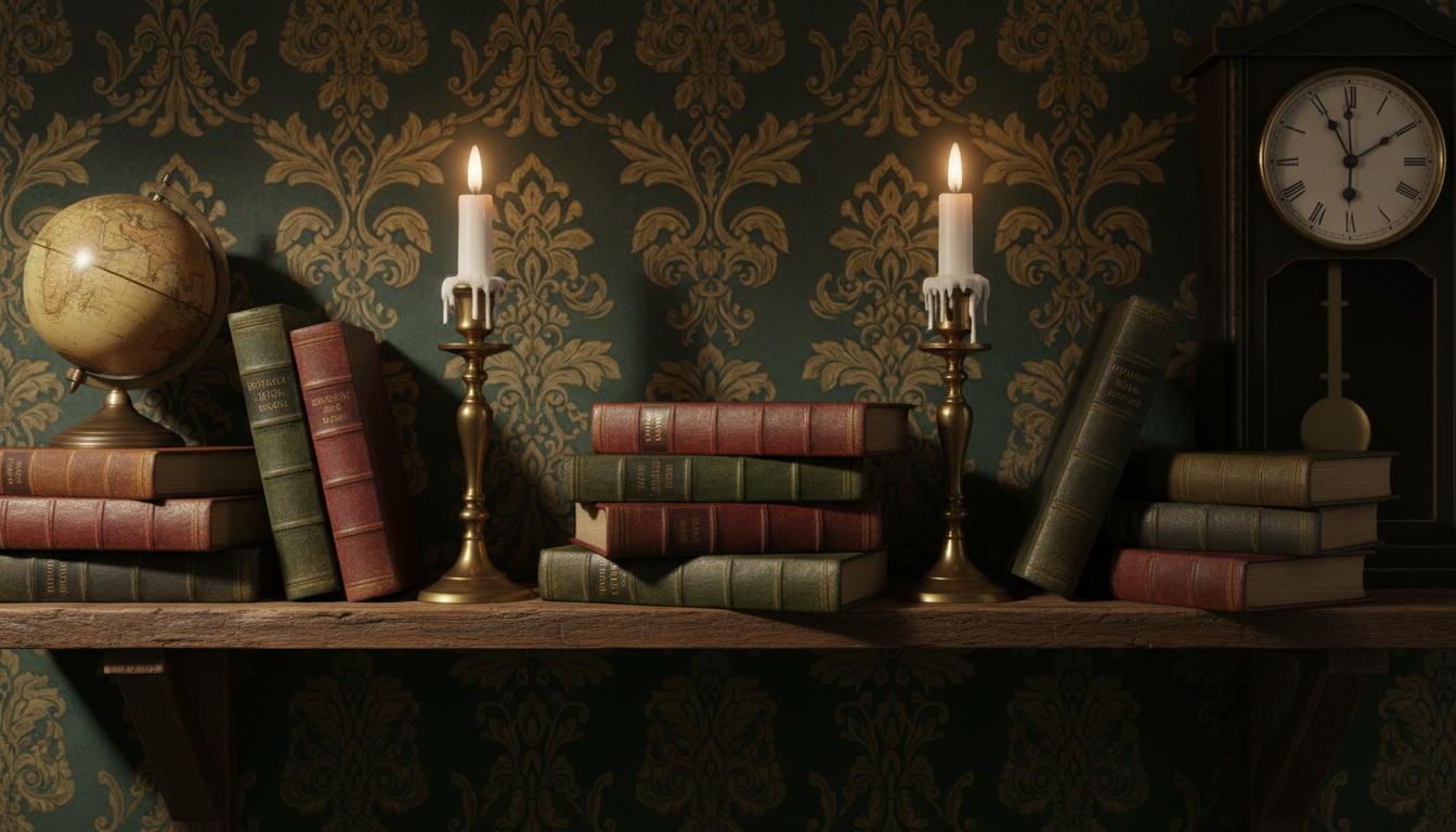 Dark academia wall decor featuring a collection of leather-bound vintage books stacked elegantly on a weathered wooden shelf. Flickering candles in ornate holders illuminate the scene, casting warm, inviting shadows. A backdrop of rich, dark wallpaper adorned with classical patterns enhances the atmosphere. Include a vintage globe and an antique clock to evoke a scholarly feel. Soft, ambient lighting captures the textures of the books and wax, while a shallow depth of field keeps the focus on the decor. The image evokes a cozy, intellectual ambiance, perfect for a study or reading nook. The style aligns with the aesthetic of Poppins Shop, merging classic elegance with modern charm.
