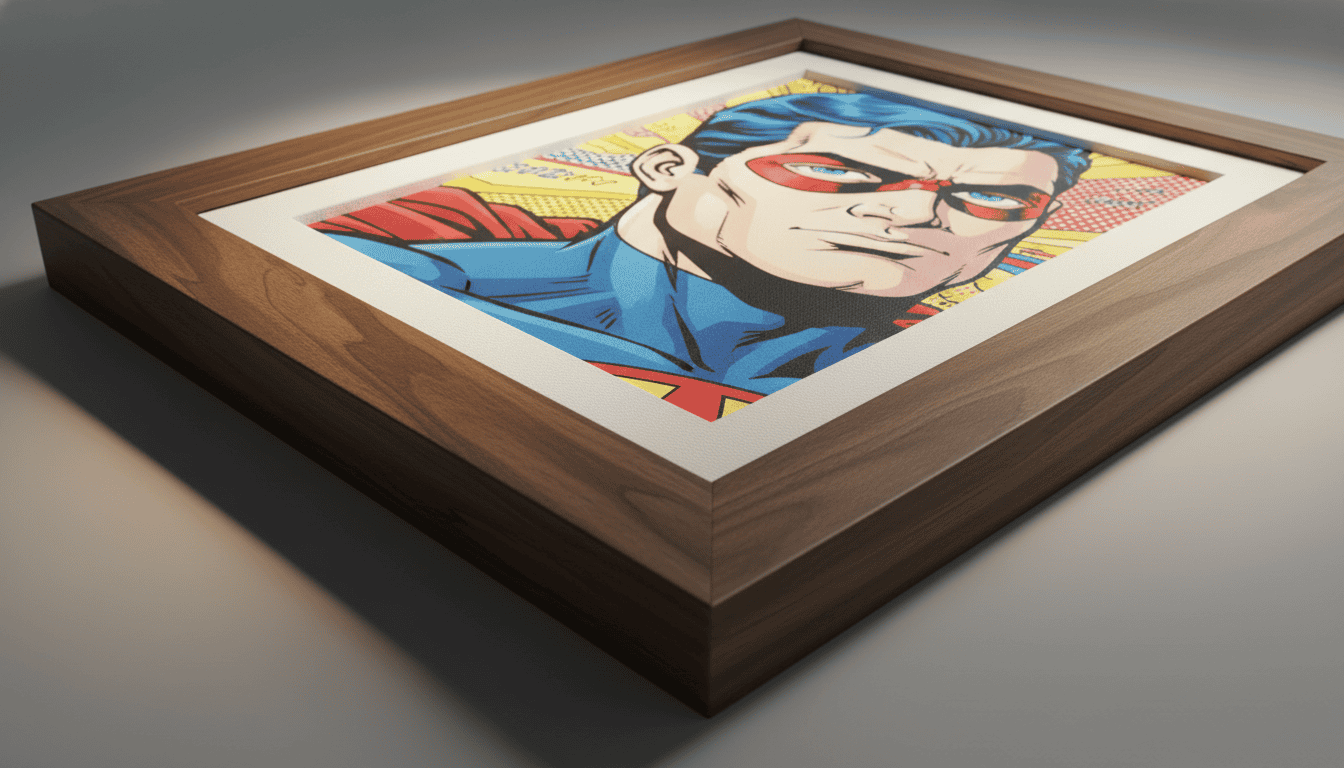 High-quality close-up of a premium wooden floating frame for canvas pop art, showcasing the precise shadow gap between the canvas edge and the frame, elegant wood grain texture, professional studio lighting, 8k resolution.