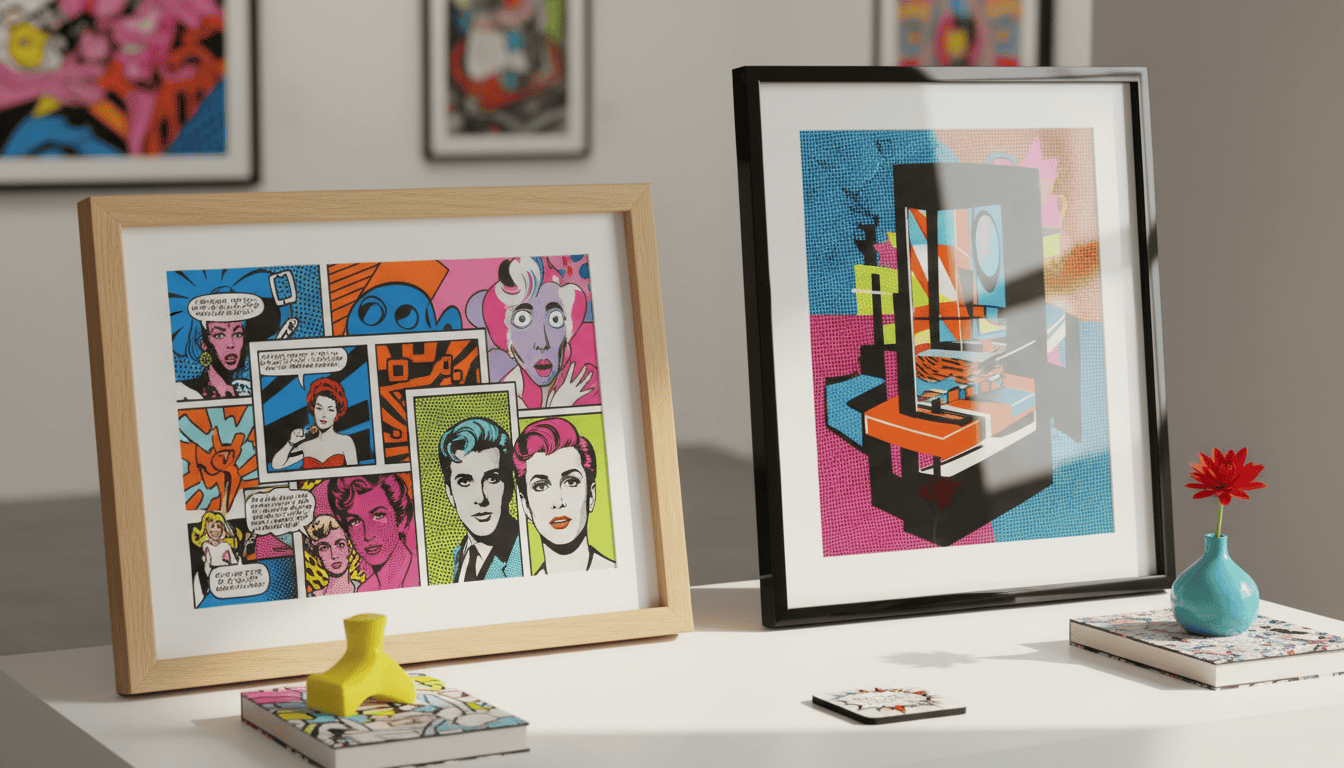 High-quality frame for pop art prints, featuring a sleek, modern wooden floating frame on the left, showcasing vibrant pop art prints with bold colors. Adjacent to it, a glossy glazed frame enhances the art with reflective shine, emphasizing the textures and depth of the prints. In the foreground, a clean white surface serves as a display table, thoughtfully arranged with small, colorful decor items that echo the pop art aesthetic. Soft natural light filters from the right, creating gentle shadows and highlights that accentuate the frames. The background remains subtly blurred, focusing attention on the frames, creating a sophisticated and vibrant atmosphere. The overall mood exudes creativity and artistic flair, perfect for art enthusiasts. Brand name "Poppins Shop" is subtly incorporated into the scene, reflecting quality and style without visible text or logos.