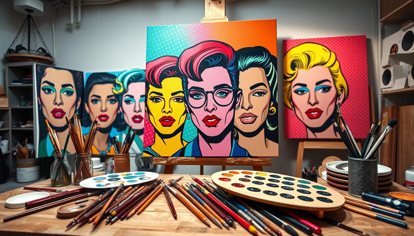 High-quality pop art painting on canvas showcasing vibrant colors and bold patterns. In the foreground, a striking representation of classic pop culture icons, depicted with exaggerated features and bright hues, capturing the essence of nostalgia. The middle ground features artistic tools such as paintbrushes and palettes, all arranged artistically to emphasize craftsmanship. The background presents a studio atmosphere with soft, diffused lighting illuminating the artworks, creating an inviting and creative ambiance. The entire scene conveys a sense of professionalism and artistic excellence, reflecting Poppins Shop's dedication to fine art replication technology. Use a wide-angle lens perspective to encompass the entire workspace, focusing on the artistry and precision involved in creating high-quality reproductions. High-quality pop art painting on canvas showcasing vibrant colors and bold patterns. In the foreground, a striking representation of classic pop culture icons, depicted with exaggerated features and bright hues, capturing the essence of nostalgia. The middle ground features artistic tools such as paintbrushes and palettes, all arranged artistically to emphasize craftsmanship. The background presents a studio atmosphere with soft, diffused lighting illuminating the artworks, creating an inviting and creative ambiance. The entire scene conveys a sense of professionalism and artistic excellence, reflecting Poppins Shop's dedication to fine art replication technology. Use a wide-angle lens perspective to encompass the entire workspace, focusing on the artistry and precision involved in creating high-quality reproductions.