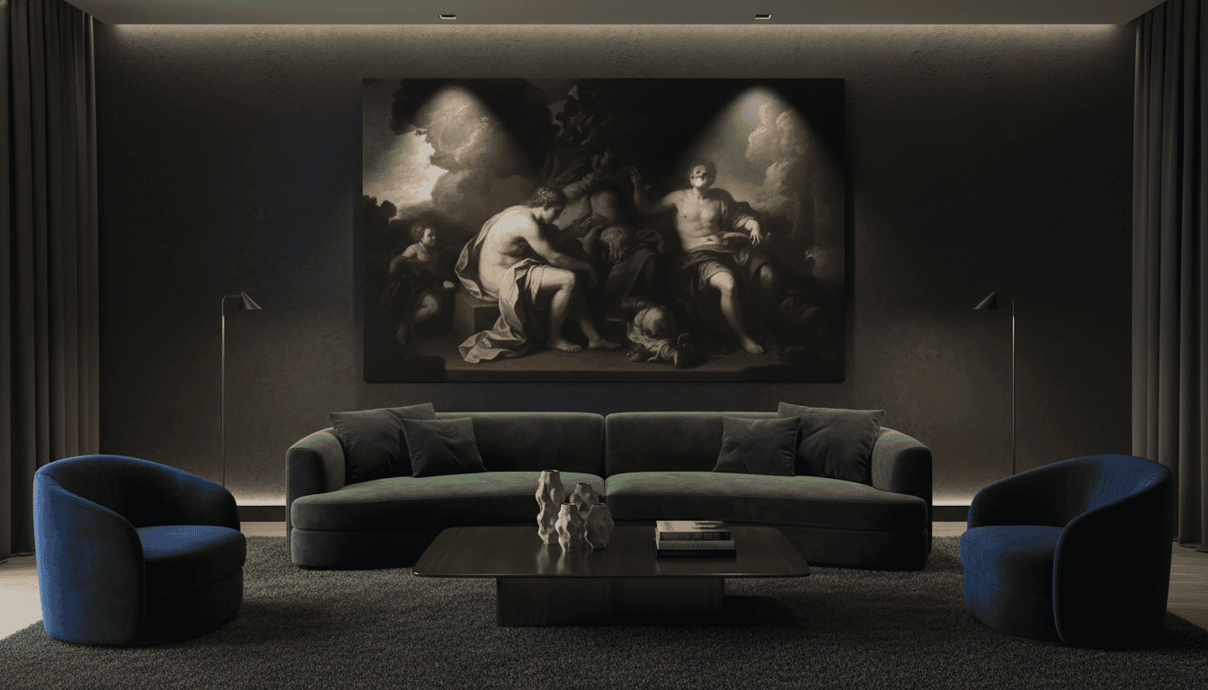 High-resolution interior photography of a modern living room featuring a large chiaroscuro canvas on a dark charcoal wall, dramatic spotlighting on the artwork, luxury velvet furniture, moody atmosphere, cinematic lighting, 8k resolution.