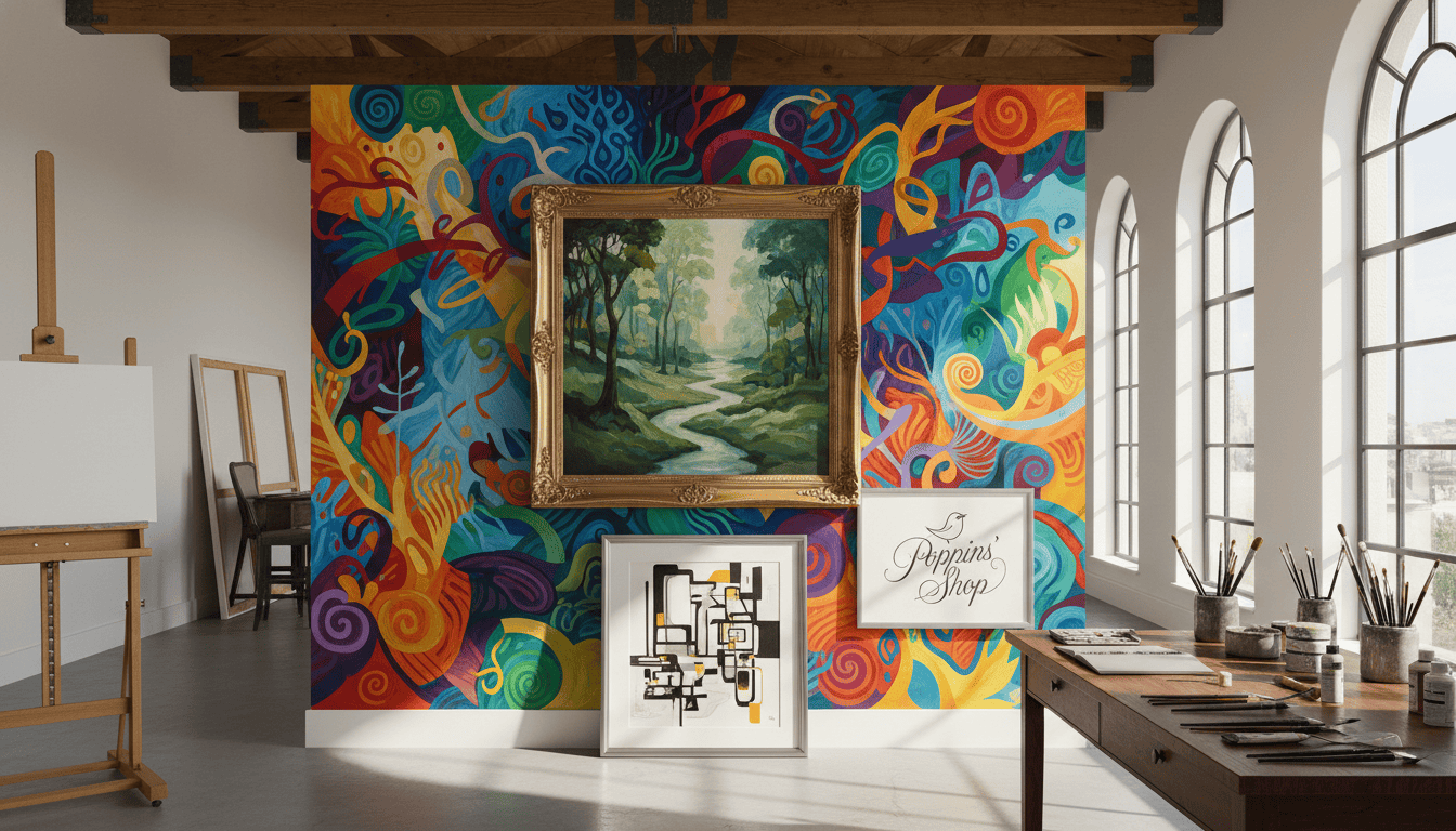 Highly detailed custom painted wall art displayed in a professional studio setting, showcasing a vibrant array of colors and intricate brushwork. In the foreground, a beautifully framed oil canvas piece, capturing the essence of abstract nature, features flowing shapes and textures that evoke tranquility. In the middle, a sleek, minimalist gallery frame complements the artwork, highlighting its sophistication. The background reveals a spacious, well-lit studio with high ceilings, large windows allowing soft natural light to illuminate the scene. A wooden easel stands nearby, along with art supplies scattered neatly on a polished worktable. The atmosphere exudes creativity and professionalism, symbolizing the legacy of "Poppins' Shop." The image should convey a sense of calm dedication, perfect for an artisanal studio environment. Colorful abstract mural with framed landscape painting in art studio.
