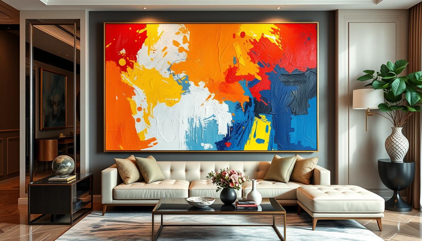 Large scale hand-painted oil painting in pop art style, vibrant colors, thick brushstrokes, contemporary living room setting, luxury aesthetic.