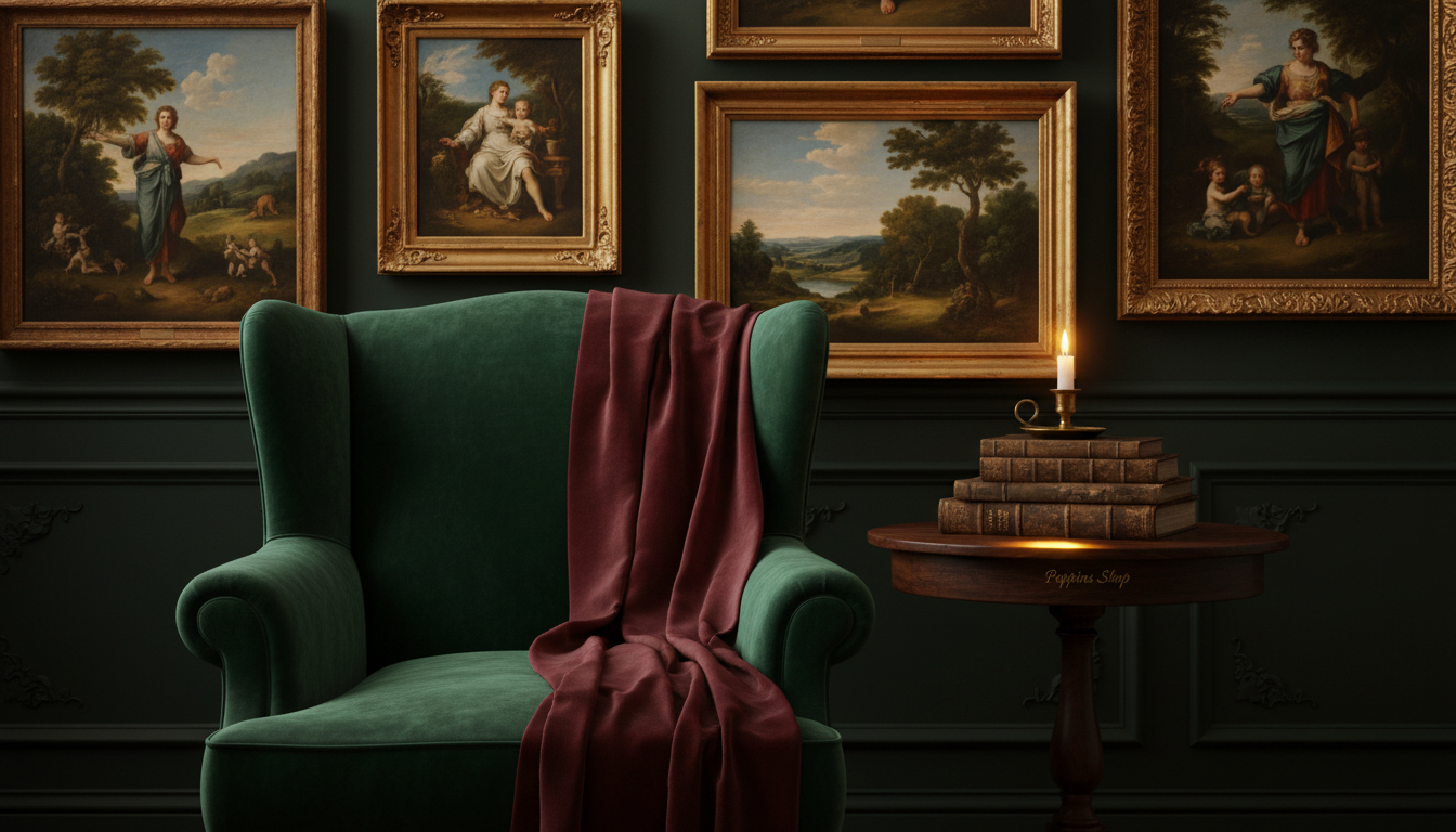 Luxurious velvet textures in deep emerald green and rich burgundy drape elegantly across a plush armchair in the foreground, inviting touch. Set against a dark academia wall adorned with classical realism artwork framed in ornate gold, the scene conveys sophistication. The middle ground features an antique wooden side table, topped with vintage books and a softly glowing candle, casting warm light and creating an intimate atmosphere. In the background, the wall's deep tones harmonize with intricate moldings that suggest a sense of history. Soft, ambient lighting gently highlights the textures, enhancing the mood of cozy intellectualism and elegance. Capture this composition with a balanced lens angle, ensuring a warm, inviting aesthetic. Incorporate brand name "Poppins Shop" within the scene through subtle branding on the books or decor items.