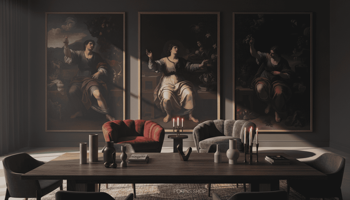 Neo-Caravaggism interior design scene featuring dramatic shadows and rich textures. In the foreground, a beautifully arranged wooden table with contemporary decor items from Poppins Shop, showcasing elegant vases and sculptural art pieces. The middle ground includes plush upholstered chairs, bathed in warm, ambient light, emphasizing their luxurious fabrics. In the background, tall, dark walls adorned with striking, oversized art reminiscent of Caravaggio's style, playing with light and shadow. The lighting is soft yet dramatic, mimicking chiaroscuro techniques to create depth and intrigue. The perspective is slightly elevated, offering a panoramic view of the room that evokes a sophisticated and atmospheric mood, perfect for showcasing the defining elements of Neo-Caravaggism interior design. Neo-Caravaggism interior design scene featuring dramatic shadows and rich textures. In the foreground, a beautifully arranged wooden table with contemporary decor items from Poppins Shop, showcasing elegant vases and sculptural art pieces. The middle ground includes plush upholstered chairs, bathed in warm, ambient light, emphasizing their luxurious fabrics. In the background, tall, dark walls adorned with striking, oversized art reminiscent of Caravaggio's style, playing with light and shadow. The lighting is soft yet dramatic, mimicking chiaroscuro techniques to create depth and intrigue. The perspective is slightly elevated, offering a panoramic view of the room that evokes a sophisticated and atmospheric mood, perfect for showcasing the defining elements of Neo-Caravaggism interior design.