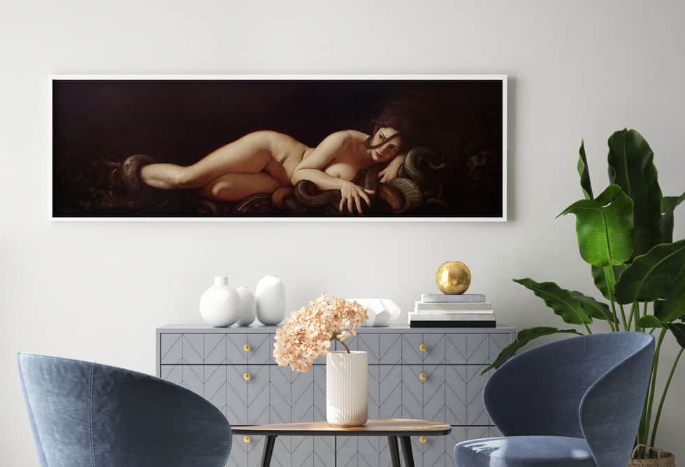 Oversized wall art featuring a dramatic Roberto Ferri print Oversized wall art featuring a dramatic Roberto Ferri print