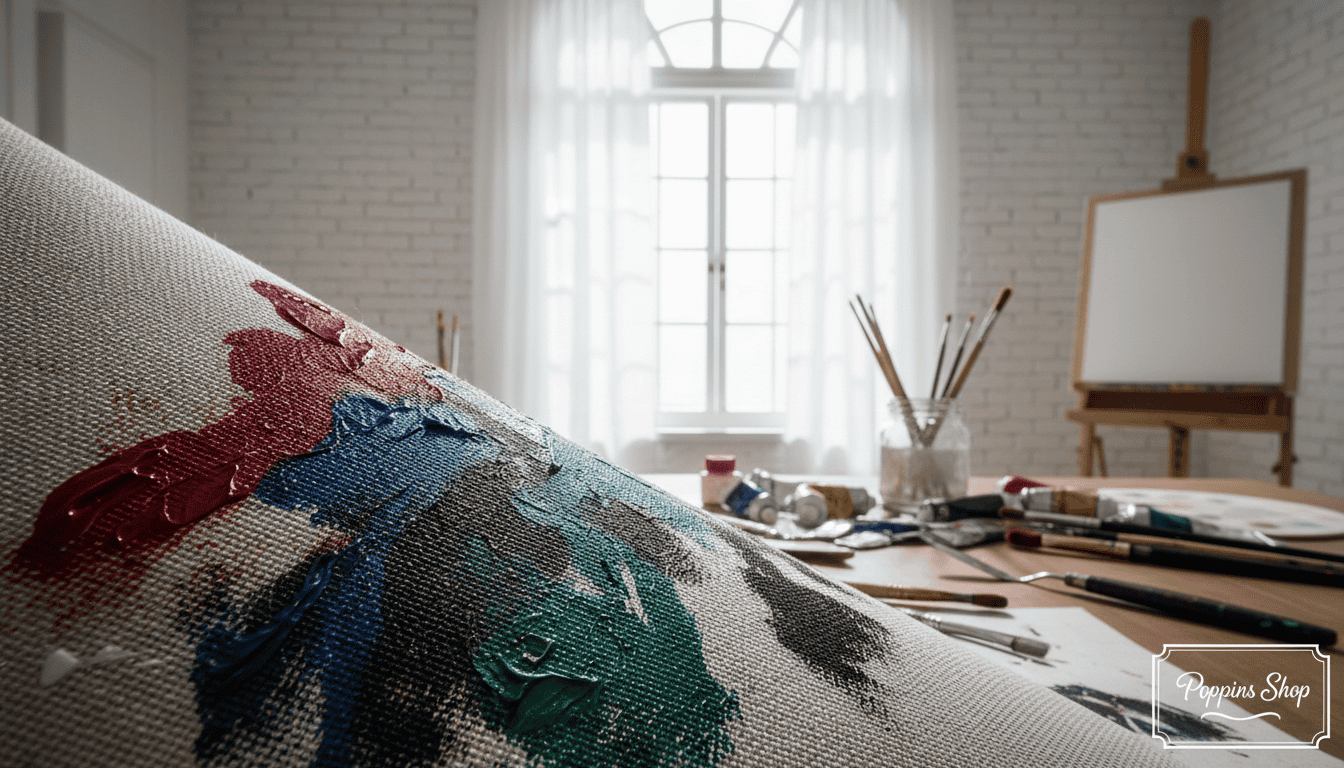 Premium Italian cotton canvas fabric showcased in a vibrant studio setting, emphasizing its texture and high contrast qualities for art. In the foreground, a close-up of the canvas reveals the meticulously woven fibers, with rich colors and deep shadows enhancing its quality. The middle ground features an arrangement of art supplies, such as paints and brushes, artistically scattered. In the background, soft, diffused natural light streams in through a large window, creating a serene atmosphere that highlights the canvas's surface. The overall mood conveys elegance and creativity, inviting the viewer to appreciate the craftsmanship of &ldquo;Poppins Shop&rdquo; in producing top-tier materials for high-contrast artwork. The angle is slightly tilted to create dynamic depth, capturing the essence of artistic innovation.