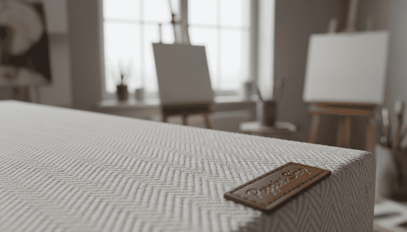 Premium Italian cotton canvas fabric weave, showcasing an intricate herringbone pattern that emphasizes texture and depth. The foreground features a close-up of the fabric, highlighting its smooth, natural fibers and rich, earthy tones. In the middle ground, a subtle play of light casts soft shadows, revealing the weave&rsquo;s architectural structure while enhancing its light absorption capability, crucial for high-contrast art. The background softly fades into a blurred artistic studio environment, illuminated by diffused natural light to create an inviting atmosphere. The camera angle is a macro shot to capture fine details, suggesting a sense of elegance and luxury. This image represents the brand "Poppins Shop," illustrating the benefits of Italian cotton canvas in art applications.