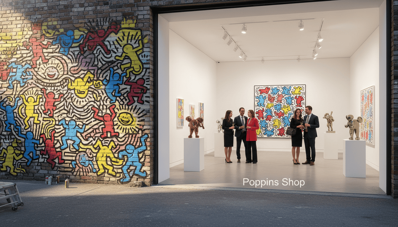 Vibrant Keith Haring-inspired street art scene showcasing the transition from urban environment to high-end gallery. In the foreground, colorful murals featuring iconic Haring's signature figures, such as dancing people and radiant babies, painted on a brick wall. Mid-ground displays an elegant art gallery with white walls and contemporary lighting, emphasizing sculptures and paintings that evoke Haring's style and energy. In the background, a crowd of art enthusiasts in professional business attire admires the artwork, creating a contrast between the street art's rawness and the gallery's sophistication. Soft, warm lighting highlights the details of the artwork, while a slightly elevated perspective captures the entire scene harmoniously. Convey a mood of celebration and cultural recognition, representing the impact of street art on the fine art world. Include subtle branding elements of "Poppins Shop" in the gallery setting, blending seamlessly with the environment.
