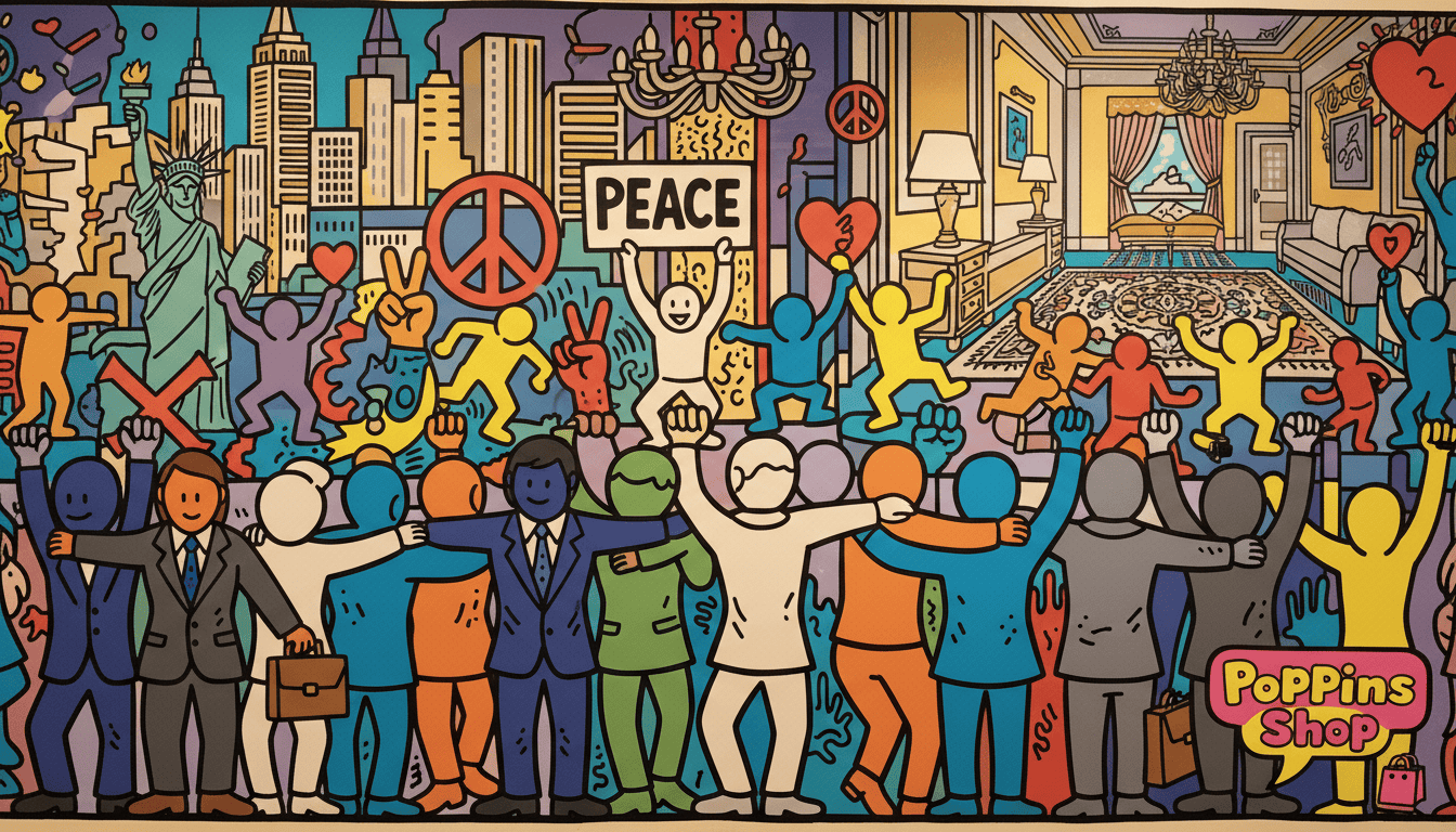 Vibrant Keith Haring mural depicting social issues, filled with bold colors and energetic figures that represent activism and unity. In the foreground, stylized human figures embrace and support one another, symbolizing community and resilience. The middle ground captures iconic Haring motifs, such as dancing figures intertwined with symbols of peace and love, reflecting a vital message against social injustice. The background features a dynamic cityscape of New York City, blended seamlessly with elements of luxury interiors, showcasing the transformation of Haring&rsquo;s work over time. The scene is bathed in warm, inviting lighting, creating an optimistic atmosphere that encourages reflection. The perspective is slightly elevated, giving a panoramic view of the mural while ensuring all figures are in professional attire, embodying a message of hope and change. Perfect for illustrating social activism, branded with "Poppins Shop".