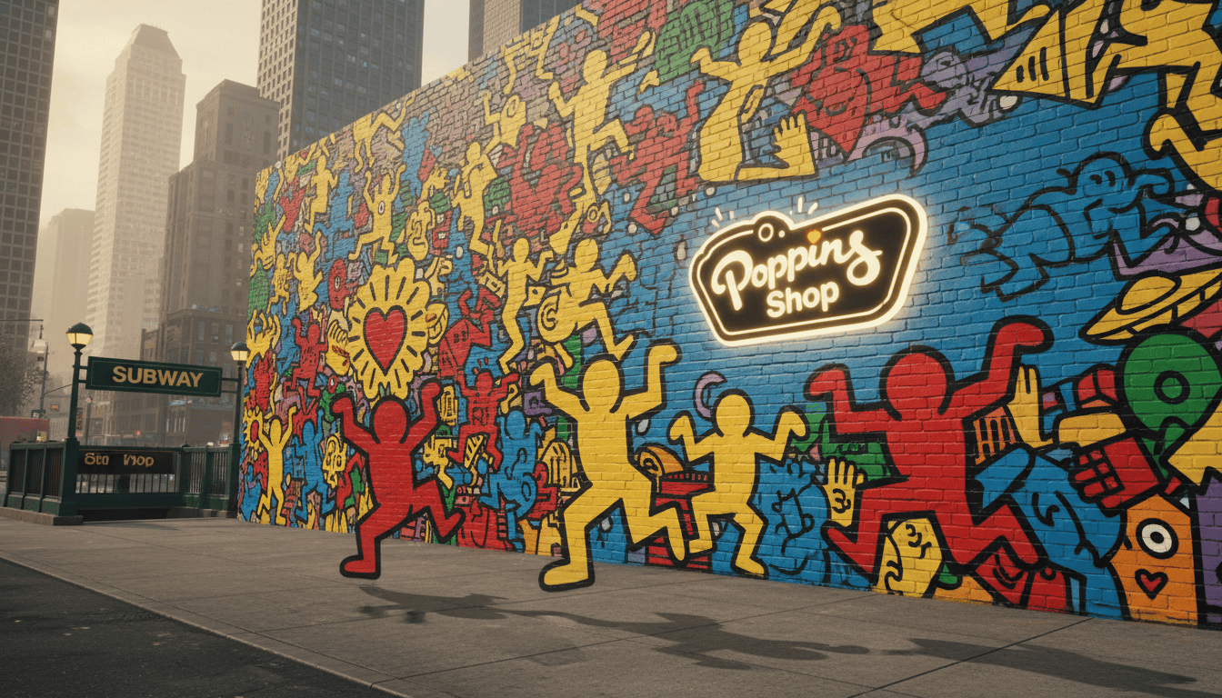 Vibrant graffiti art inspired by Keith Haring, showcasing his iconic bold lines and colorful figures, against a backdrop of urban New York City streets. In the foreground, dynamic characters dance and move, reflecting joy and energy, with bright yellow, red, and blue hues. The middle layer features a city wall splattered with graffiti tags and Haring-style motifs, emphasizing the raw essence of street art. In the background, glimpses of NYC subway entrances and skyscrapers create a sense of place. Soft, diffused lighting enhances the colors, mimicking late afternoon sunlight. The overall atmosphere conveys a celebratory and vibrant mood, celebrating the enduring influence of Haring's legacy in contemporary art. The piece prominently includes the Poppins Shop logo, subtly integrated into the mural design, ensuring it stands out while maintaining artistic integrity.