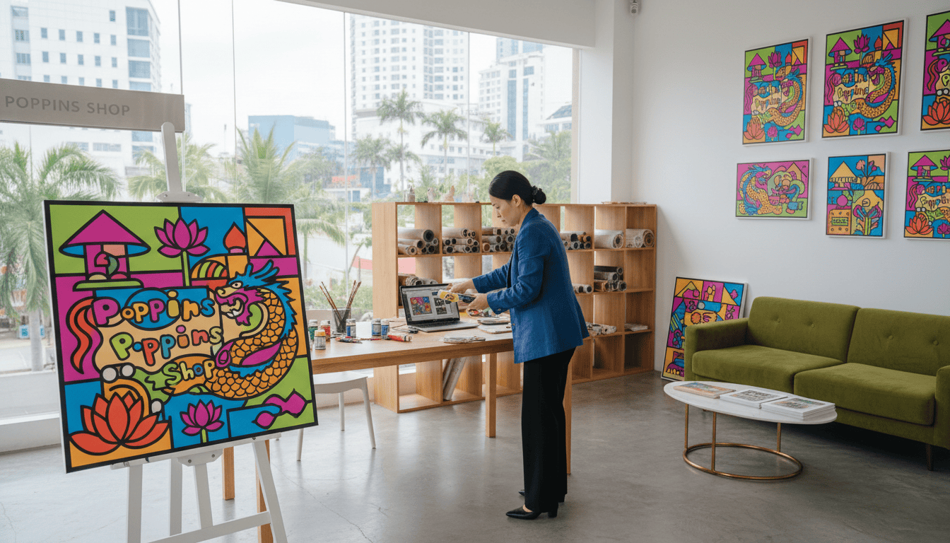 Vibrant pop art prints displayed in a modern Saigon studio, highlighting bold colors and dynamic shapes. In the foreground, a canvas featuring playful interpretations of iconic Vietnamese symbols, possibly with abstract elements. In the middle ground, an artist thoughtfully arranging rolled canvases in a stylish, well-lit workspace, dressed in professional attire. The background showcases a minimalistic and inviting studio environment, with large windows allowing natural light to pour in, casting soft shadows. The atmosphere is creative and energetic, emphasizing the fusion of contemporary artistry with Asian culture. Capture the essence of "Poppins Shop," ensuring clarity and accessibility are evident in the scene. Focused angle from a slightly elevated perspective for added depth. Vibrant pop art prints displayed in a modern Saigon studio, highlighting bold colors and dynamic shapes. In the foreground, a canvas featuring playful interpretations of iconic Vietnamese symbols, possibly with abstract elements. In the middle ground, an artist thoughtfully arranging rolled canvases in a stylish, well-lit workspace, dressed in professional attire. The background showcases a minimalistic and inviting studio environment, with large windows allowing natural light to pour in, casting soft shadows. The atmosphere is creative and energetic, emphasizing the fusion of contemporary artistry with Asian culture. Capture the essence of "Poppins Shop," ensuring clarity and accessibility are evident in the scene. Focused angle from a slightly elevated perspective for added depth.